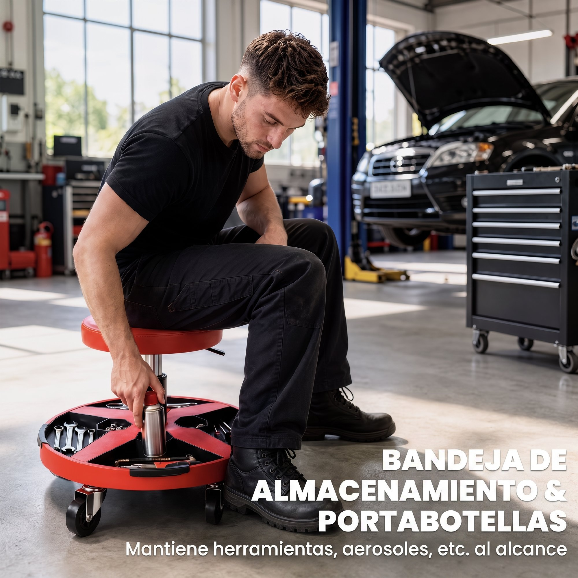 Mecánico sentado en un taburete rojo con bandeja de almacenamiento para herramientas en un taller.