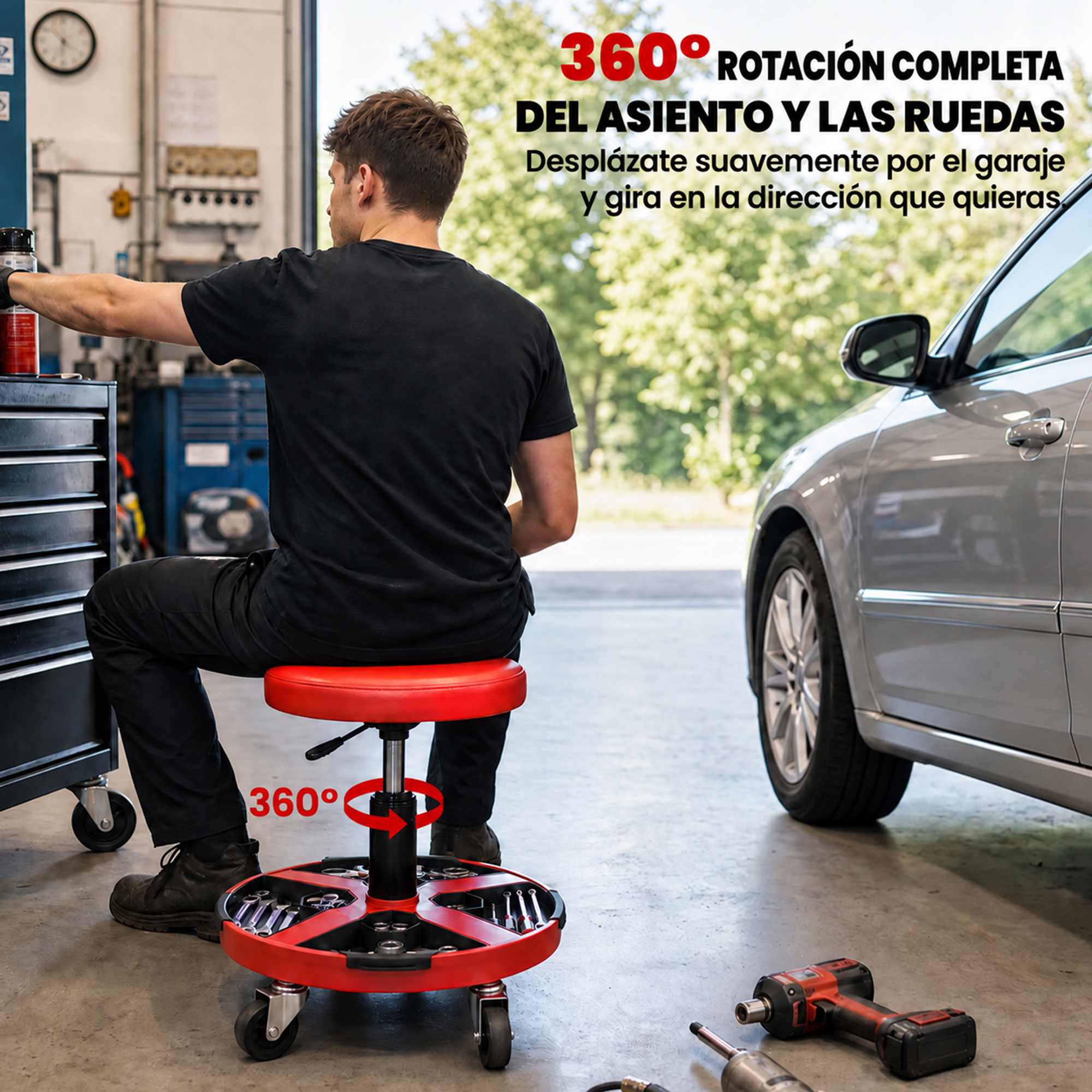 Mecánico sentado en taburete rojo con ruedas en un taller.