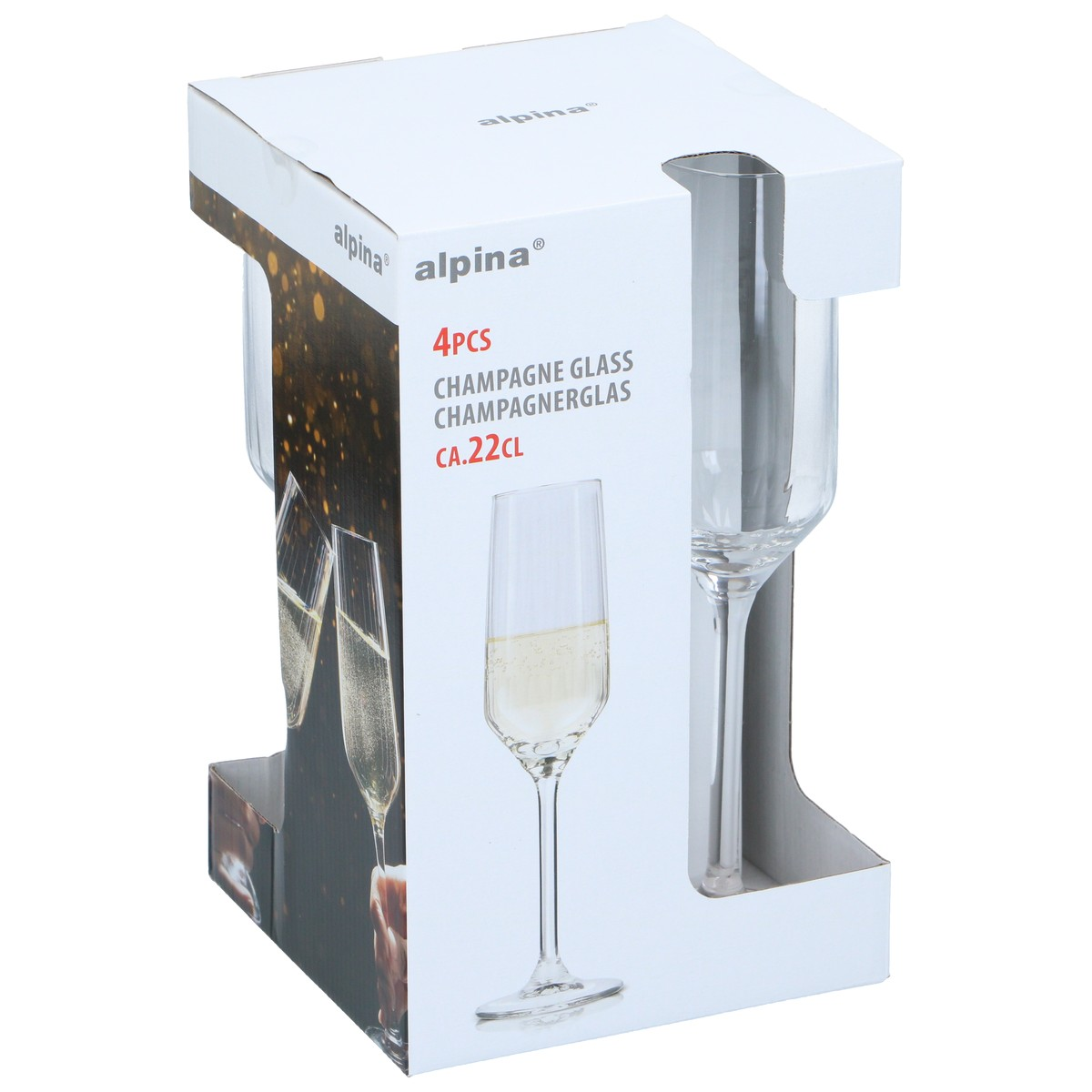 Eine weiße Produktverpackung für 4 Alpina Sektgläser mit 22cl Fassungsvermögen auf weißem Hintergrund.