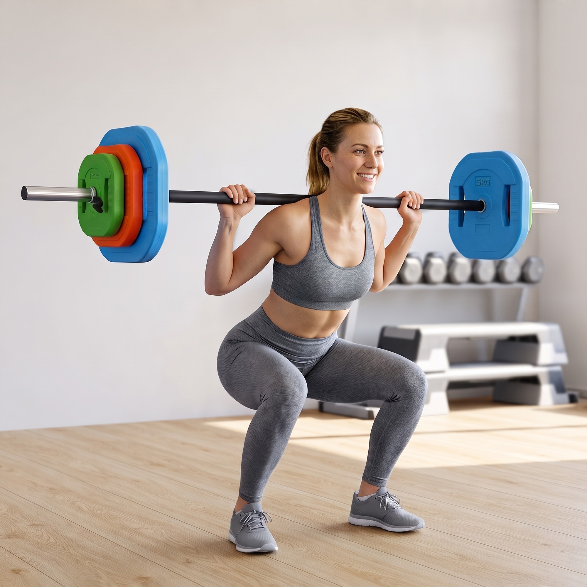 Una mujer rubia con ropa deportiva gris hace sentadillas con una barra pesada en un gimnasio.