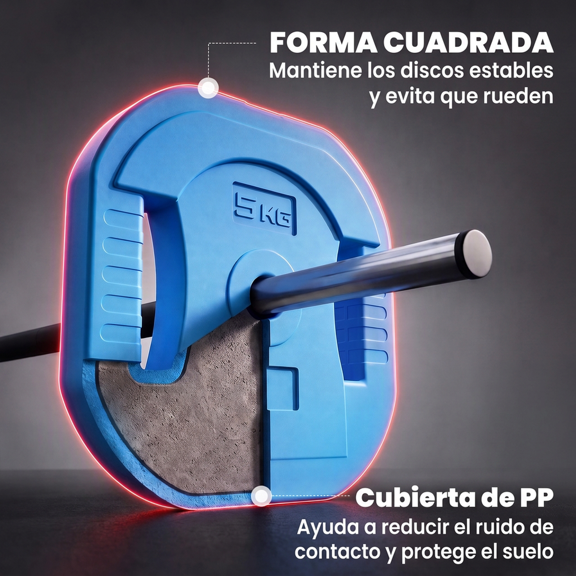 Un disco de barra azul de cinco kilos en una barra con vista de corte que muestra el material interior gris.