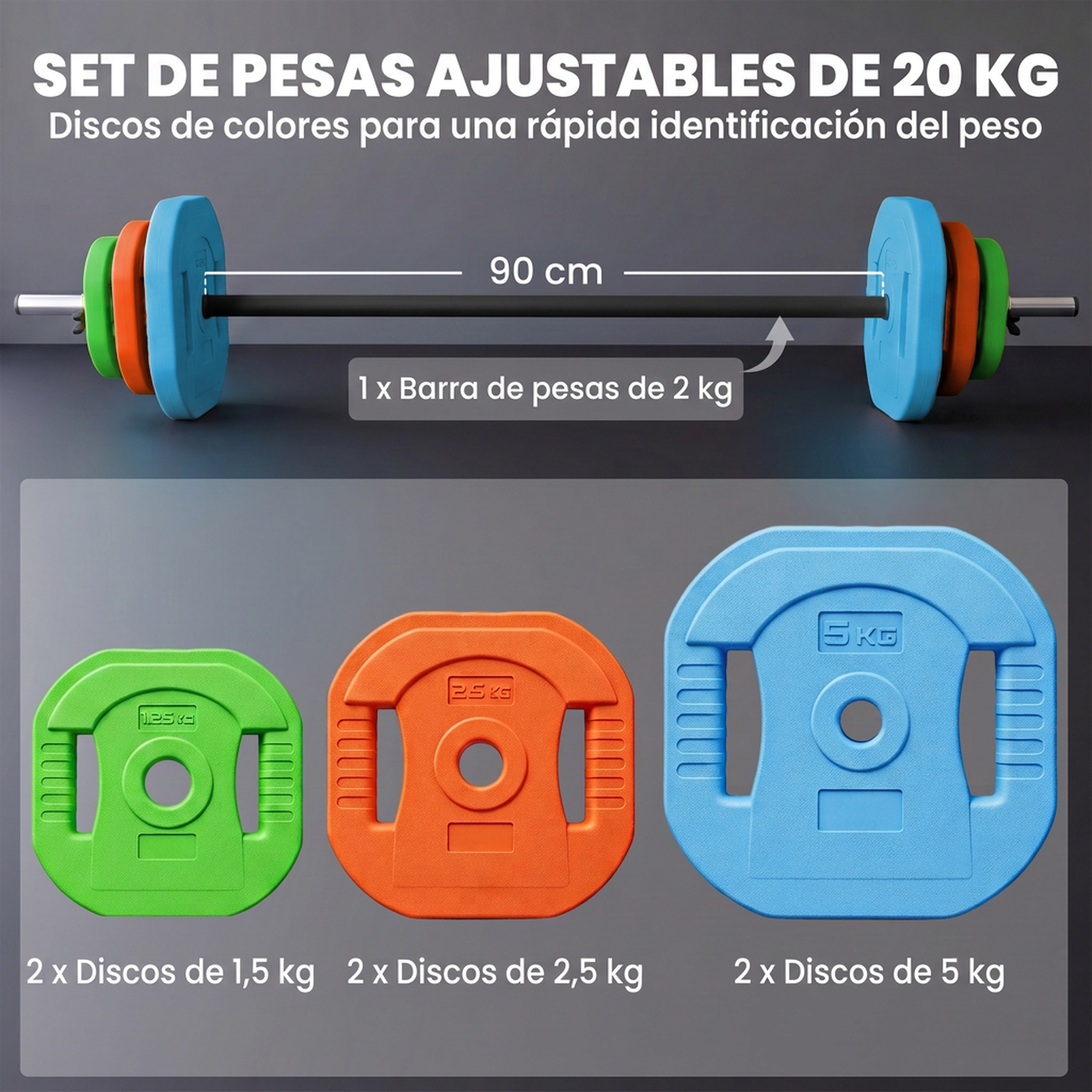 Set de pesas ajustables de 20 kg con barra de 90 cm y discos de colores de 1,5 kg, 2,5 kg y 5 kg.