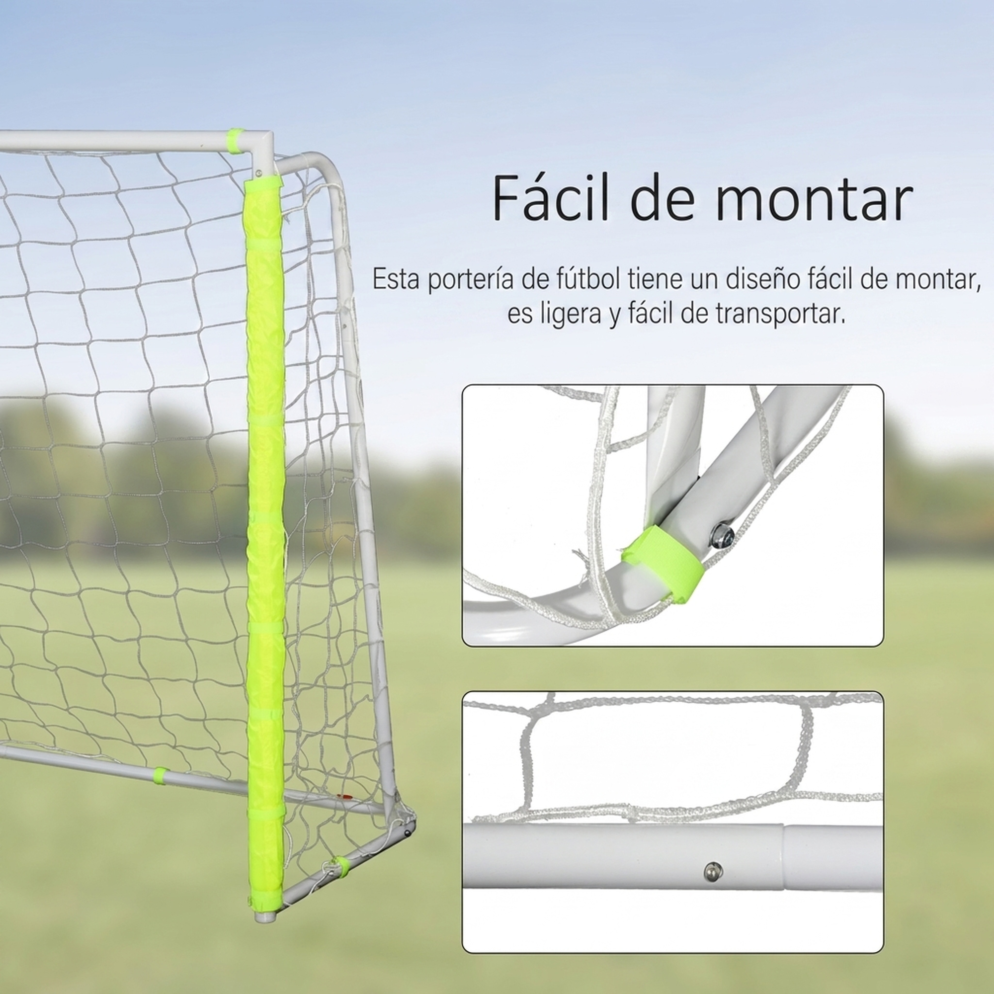 Portería de fútbol con marco blanco y protector amarillo, muestra detalles.
