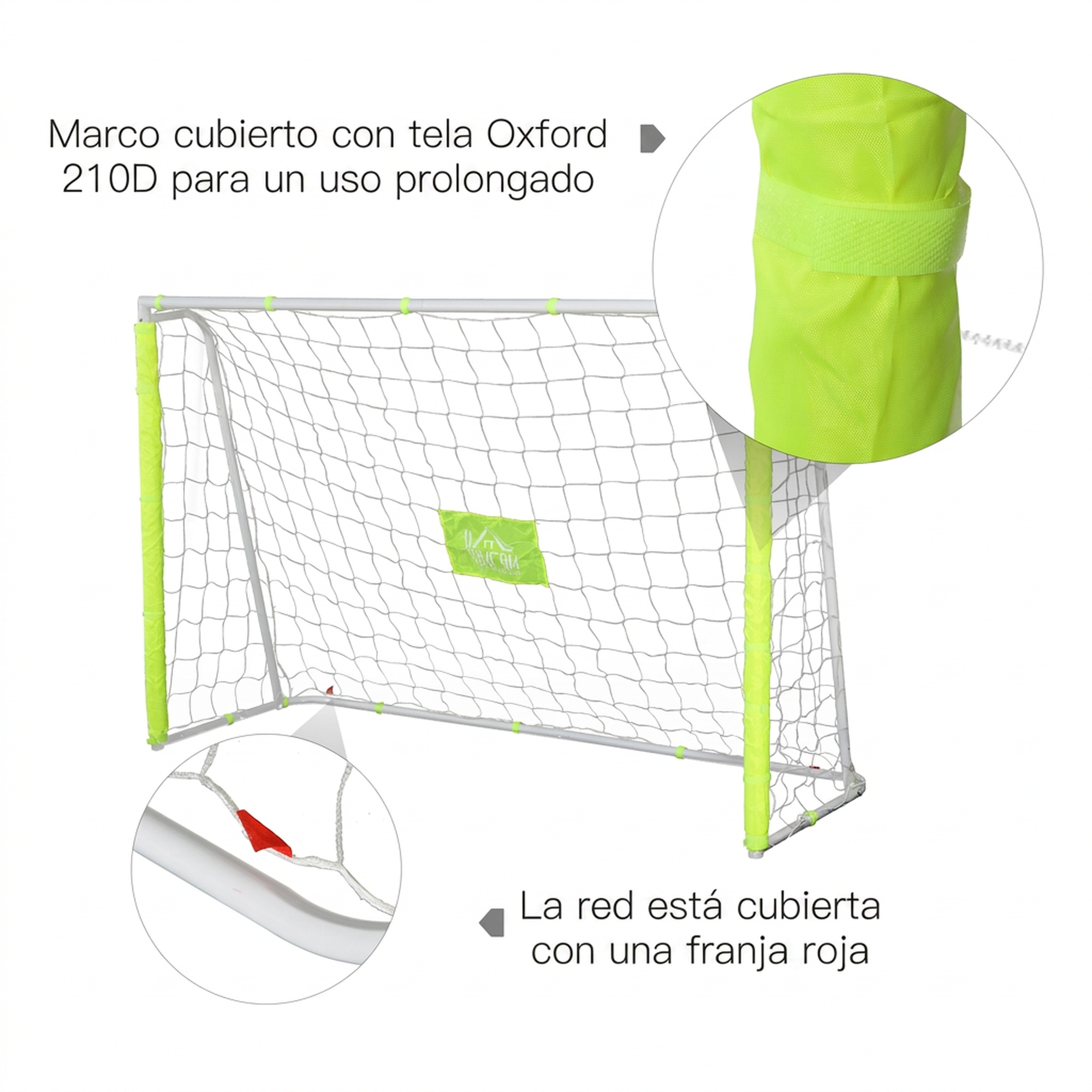 Portería de fútbol con red blanca, fundas de tela Oxford amarilla y tira roja en esquinas.