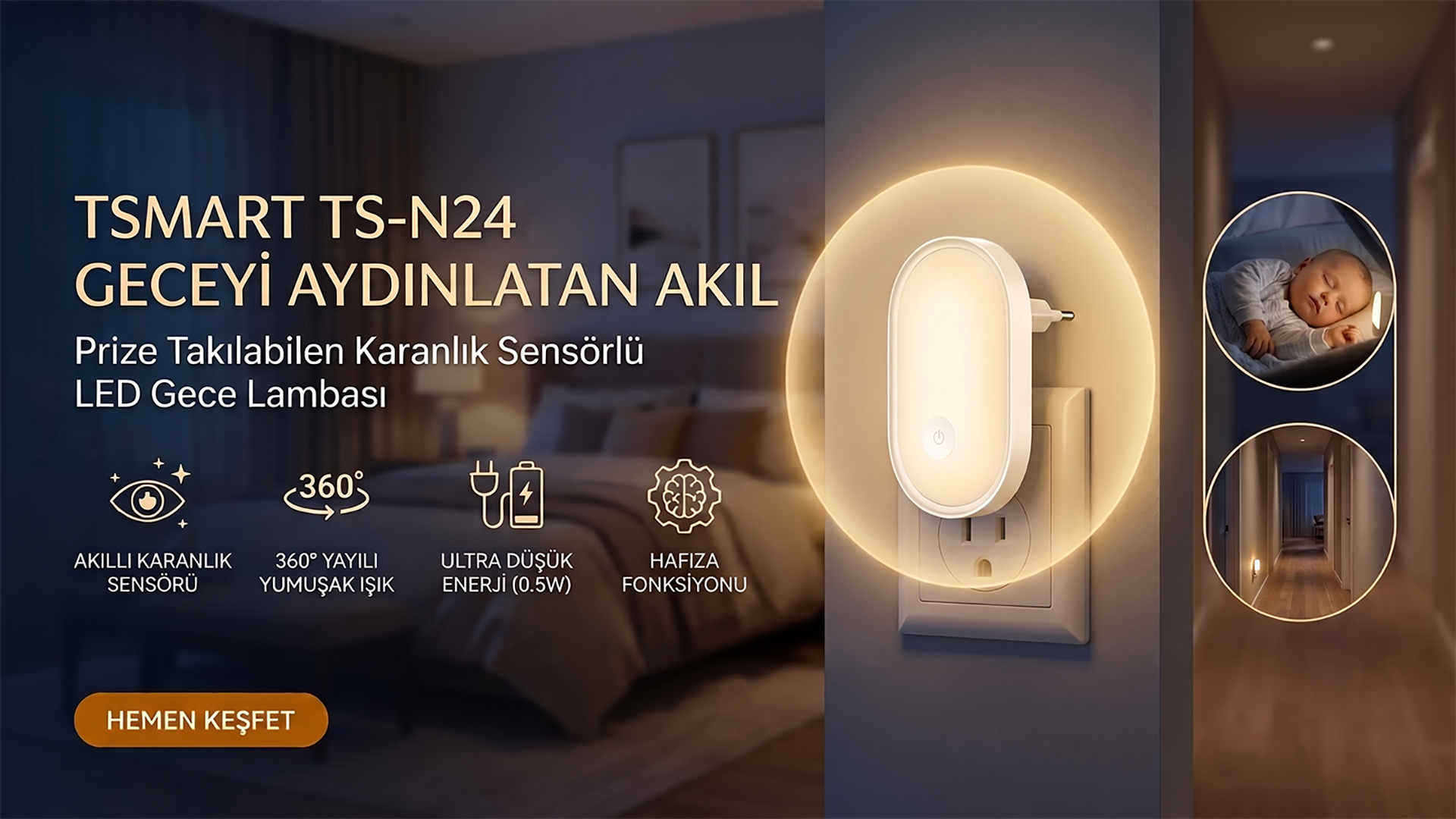 Yatak odasında duvardaki prize takılı, yumuşak sarı ışık veren oval LED gece lambası.