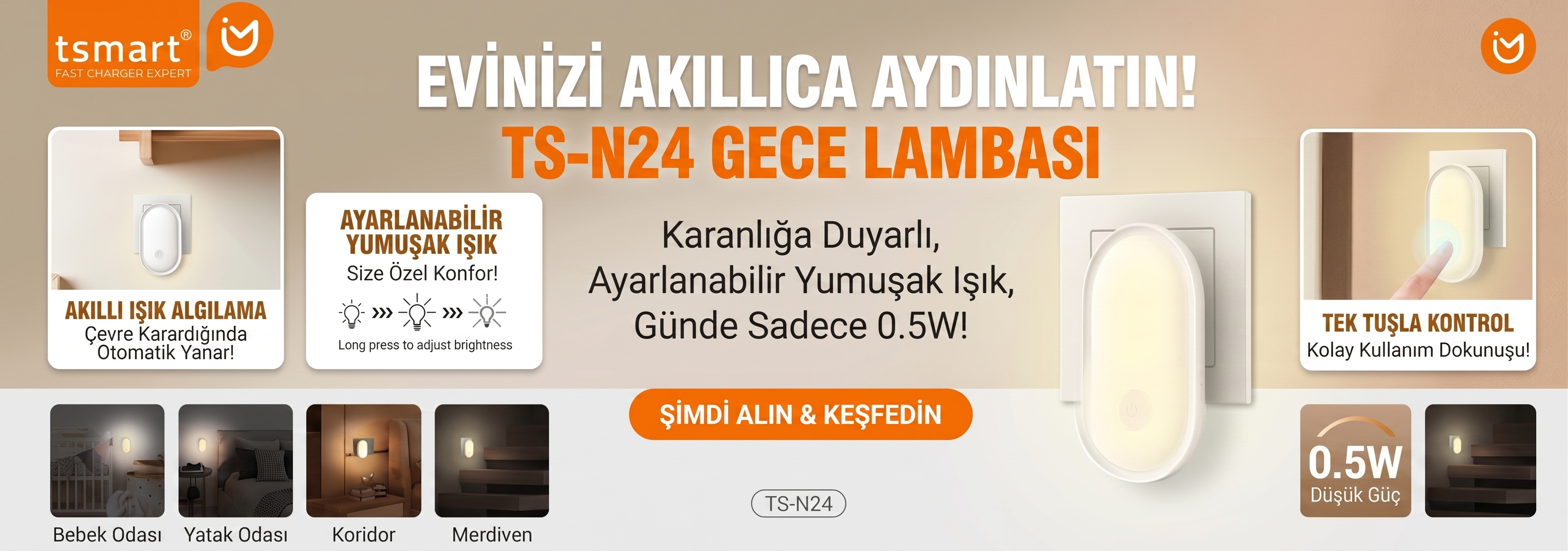 Ayarlanabilir ışık ve düşük güç tüketimine sahip beyaz, oval TS-N24 gece lambası için tanıtım afişi.