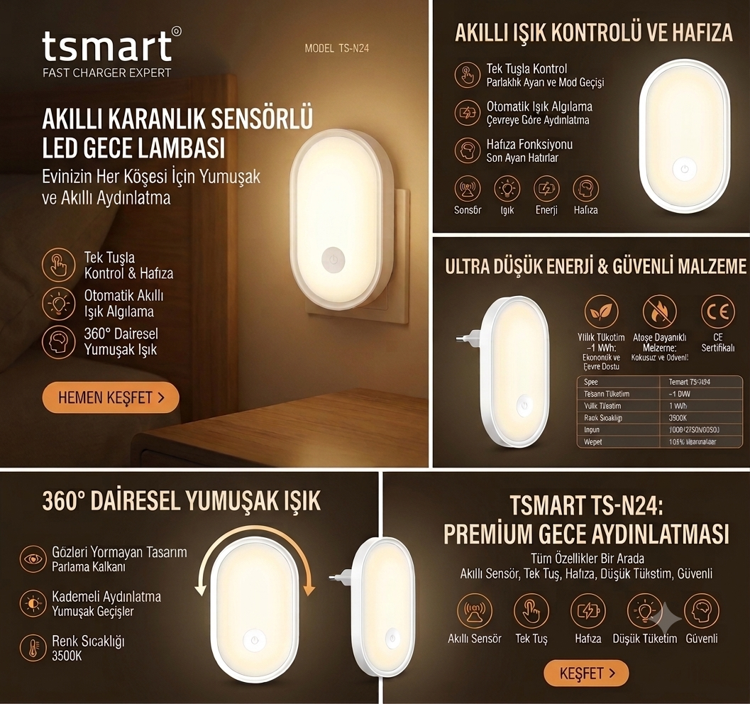 Sensörlü ve Türkçe yazılı tsmart TS-N24 LED gece lambası ürün reklamı.