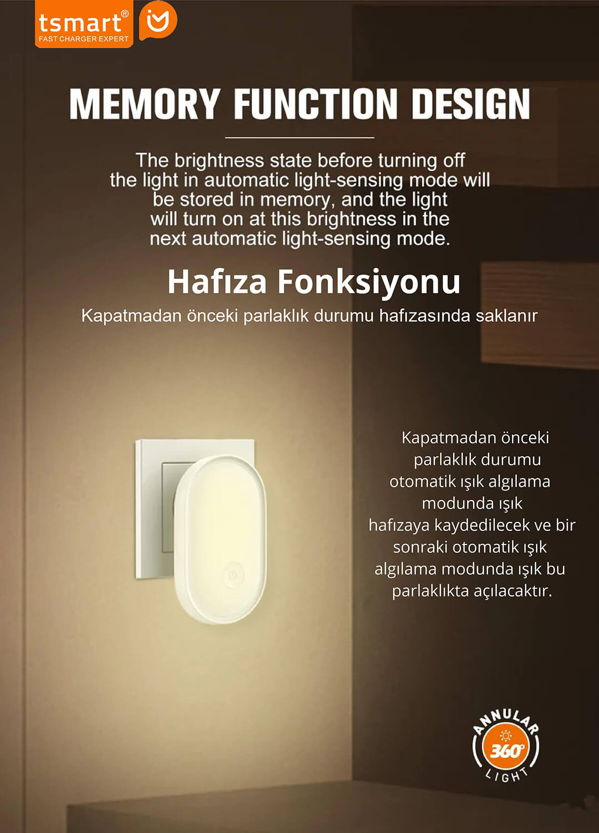 Duvardaki beyaz oval gece lambası, İngilizce ve Türkçe metinle hafıza fonksiyonunu gösterir.