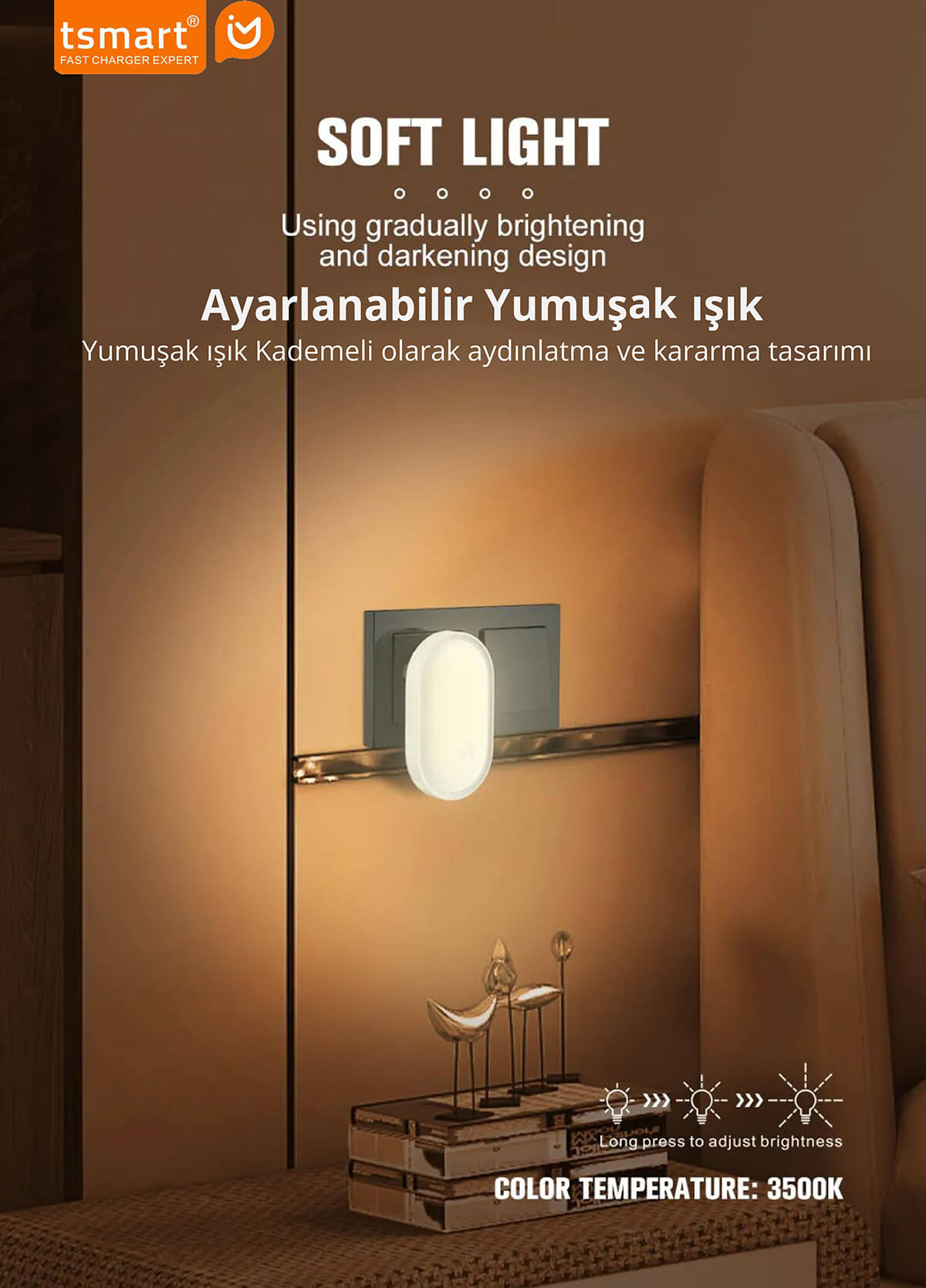 Ahşap bir duvarda dekoratif eşyalarla birlikte yanan beyaz fişli gece lambası.