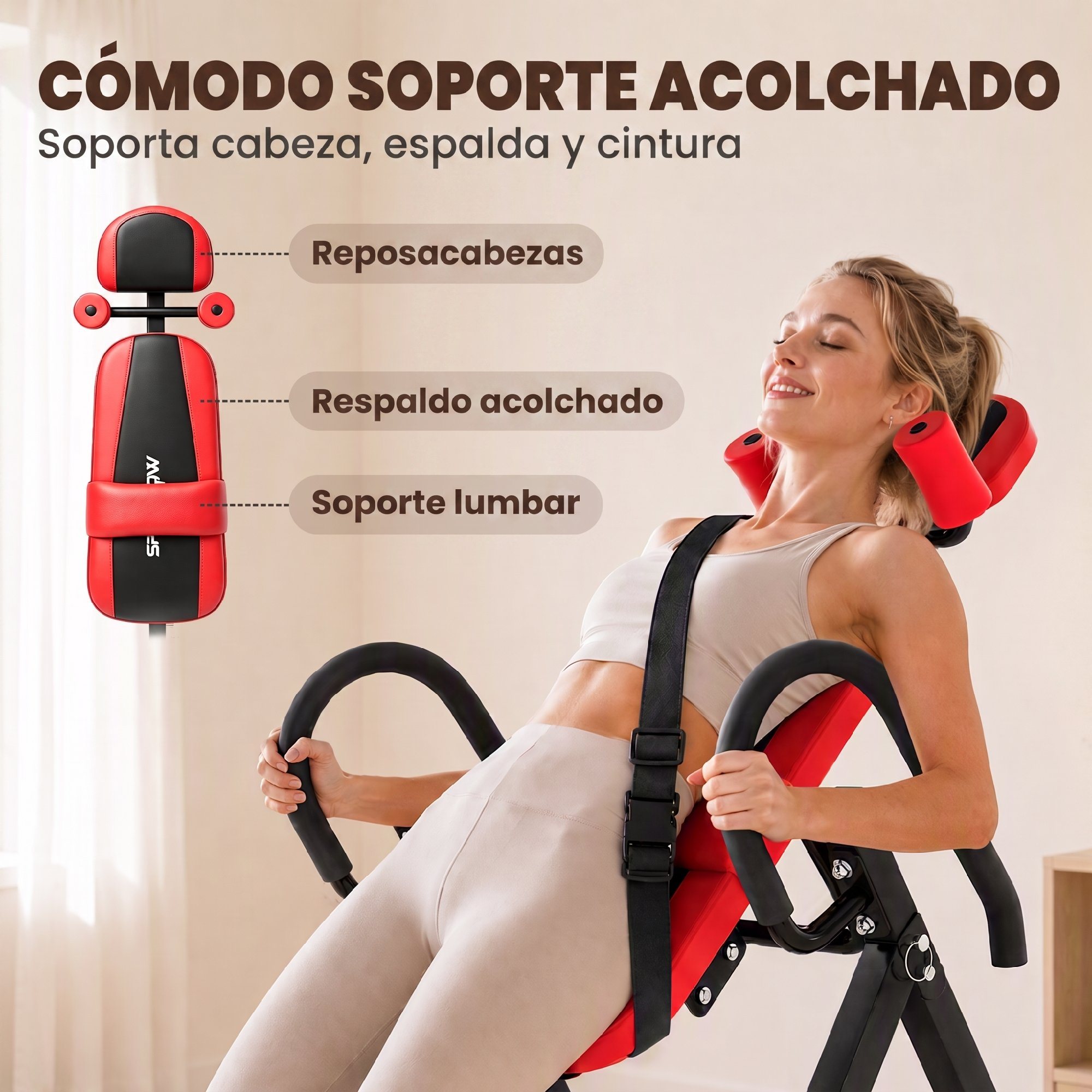 Una mujer rubia se relaja en un banco de fitness rojo y negro, con etiquetas que indican el soporte para cabeza, espalda y lumbar.