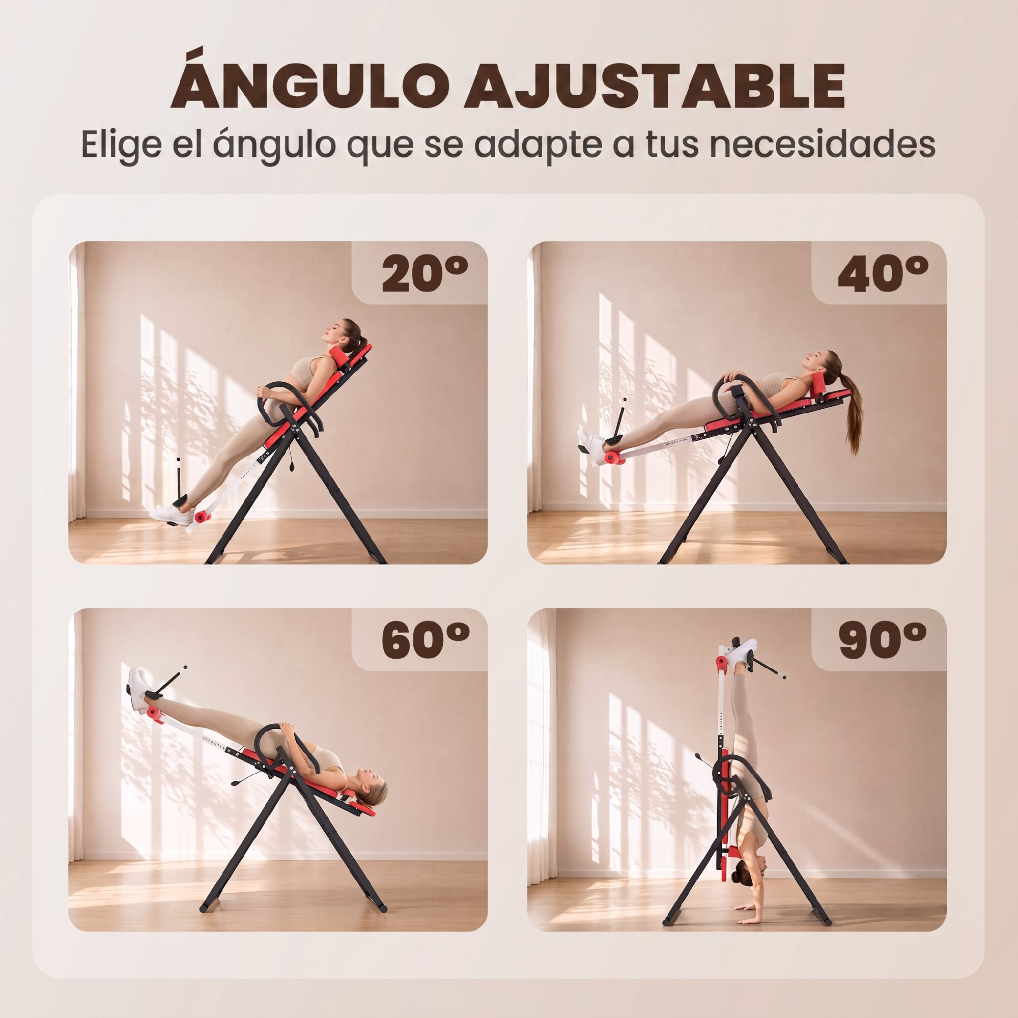 Una mujer demuestra cuatro ángulos ajustables de una tabla de inversión de 20 a 90 grados.
