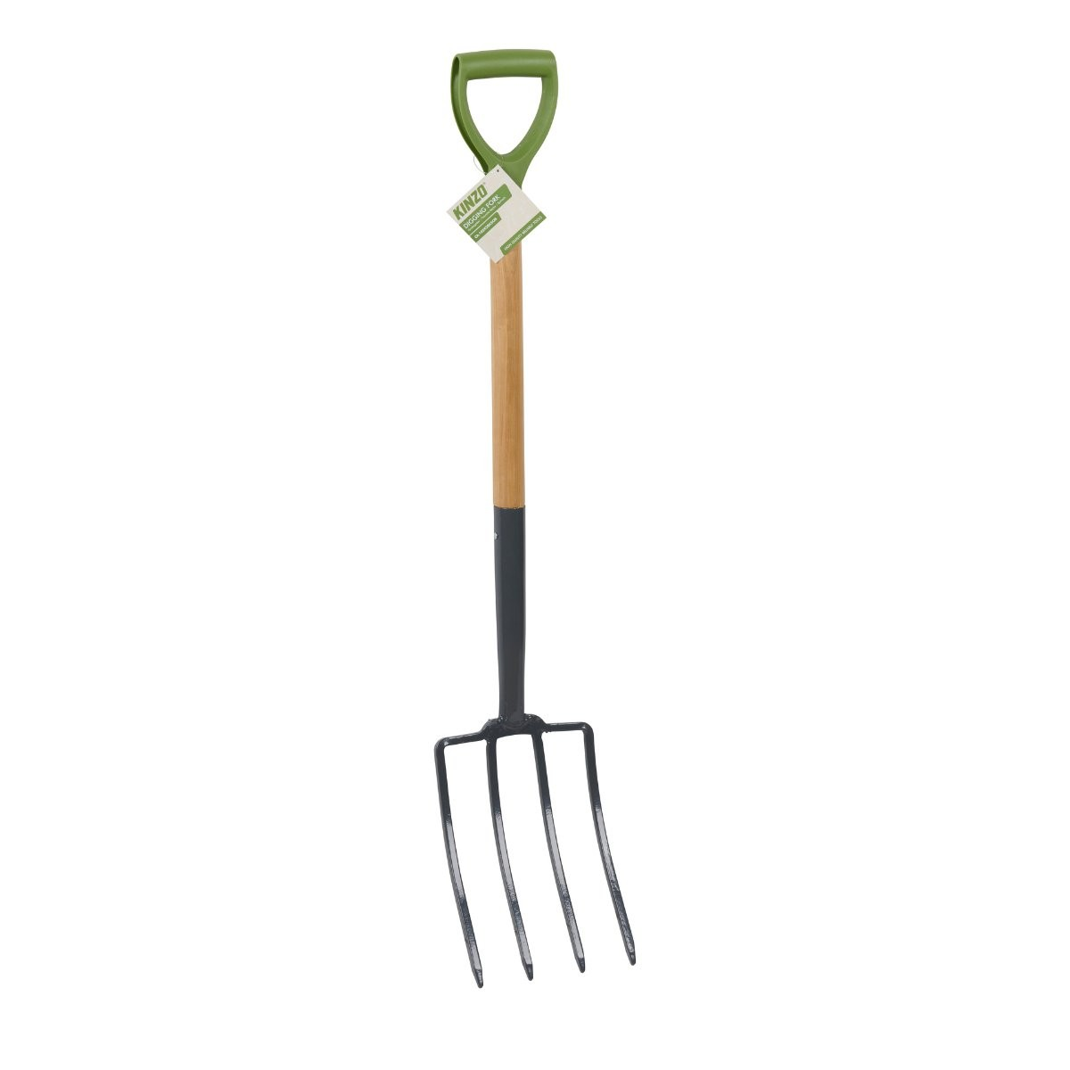 Une fourche de jardin avec un manche en D vert, un manche en bois et une tête en métal à quatre dents sur fond blanc.