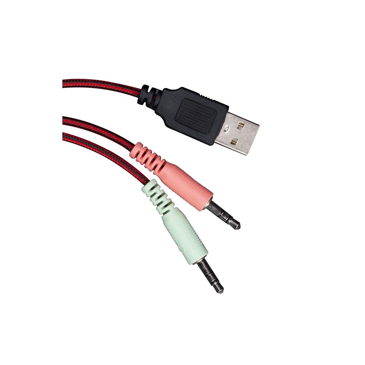 Rot-schwarz geflochtenes Kabel mit einem USB-Anschluss und zwei Audio-Klinkensteckern in Rosa und Hellgrün.