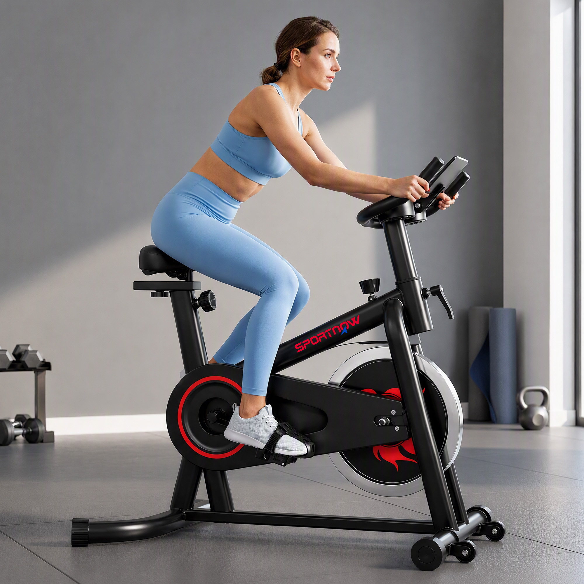 Una mujer con ropa de deporte azul monta en una bicicleta estática negra en un gimnasio.