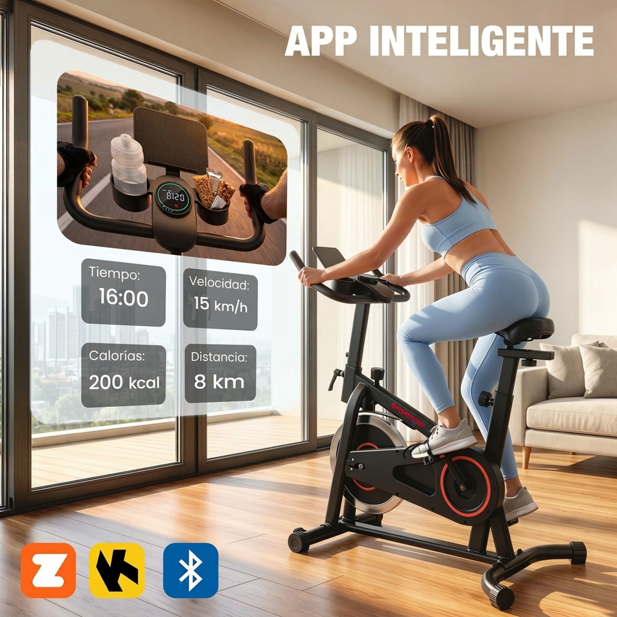 Una mujer en ropa deportiva azul monta una bicicleta estática en interior, con estadísticas de la aplicación.