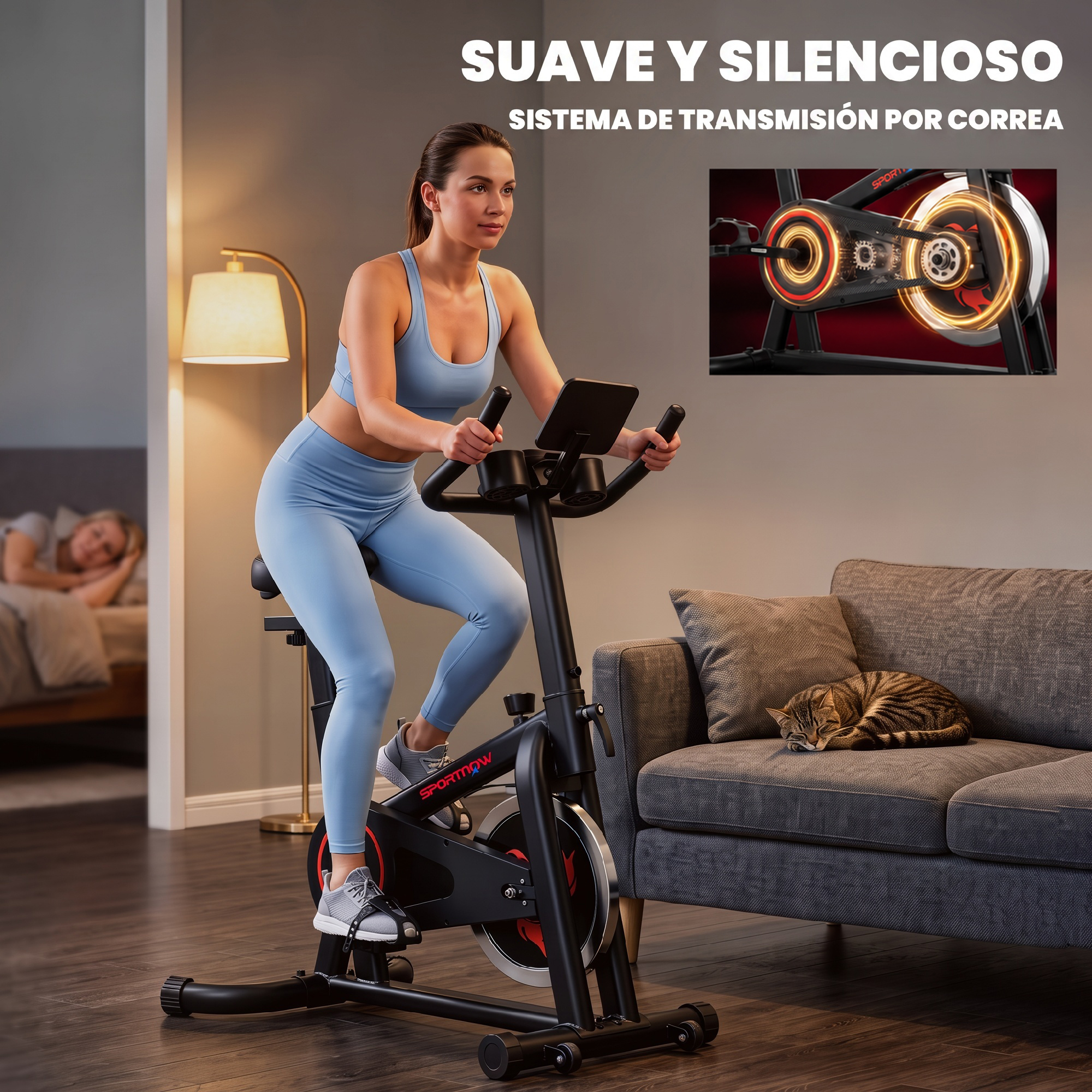Una mujer con ropa deportiva azul monta una bicicleta estática en interior, cerca de un gato durmiendo y un sofá.