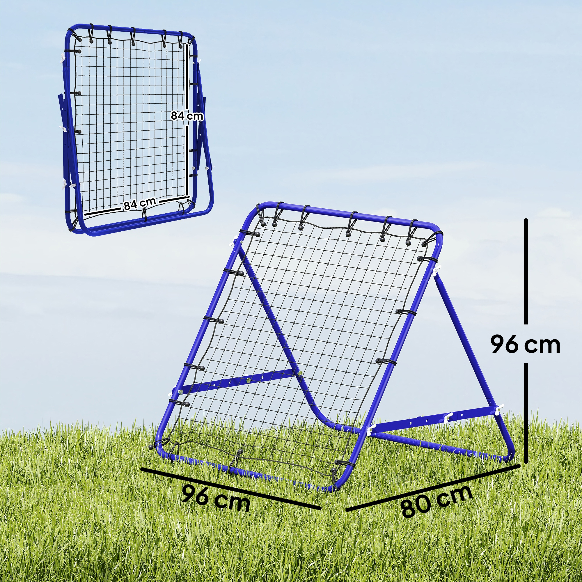 Un reboteador azul con dimensiones mostradas, sobre césped contra un cielo azul.