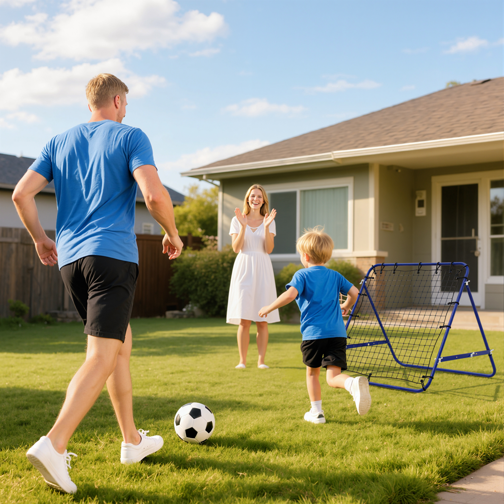Una familia juega al futbol en el cesped frente a su casa.