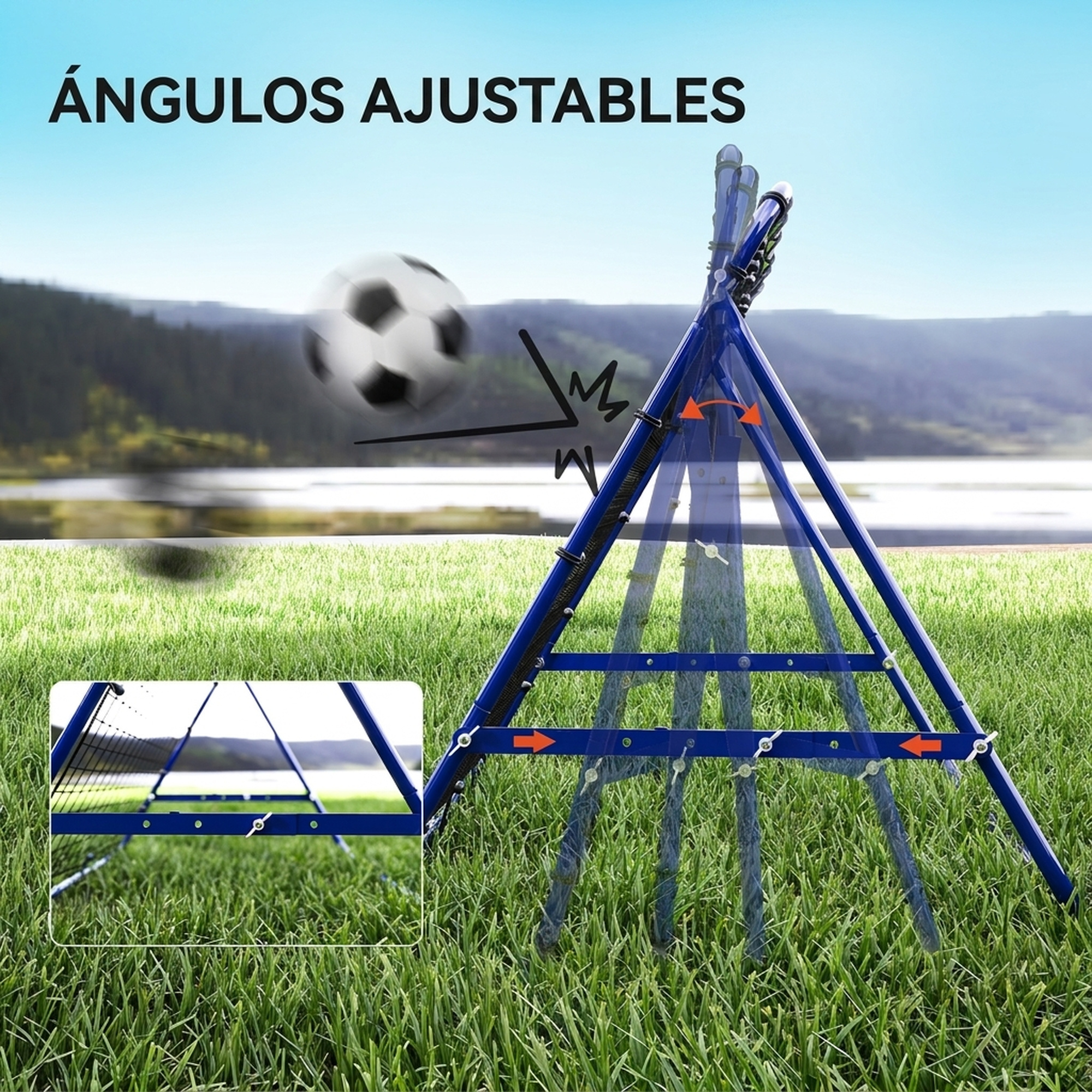 Un rebotador de fútbol azul sobre césped muestra ángulos ajustables mientras un balón rebota.