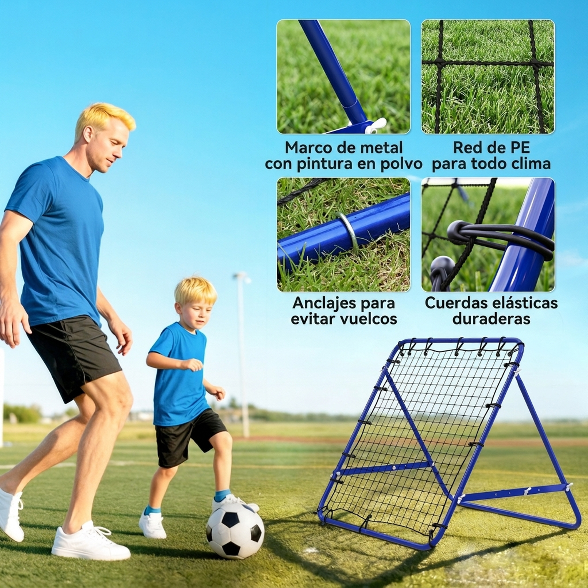 Un hombre y un niño juegan al fútbol en el césped junto a una red de rebote.