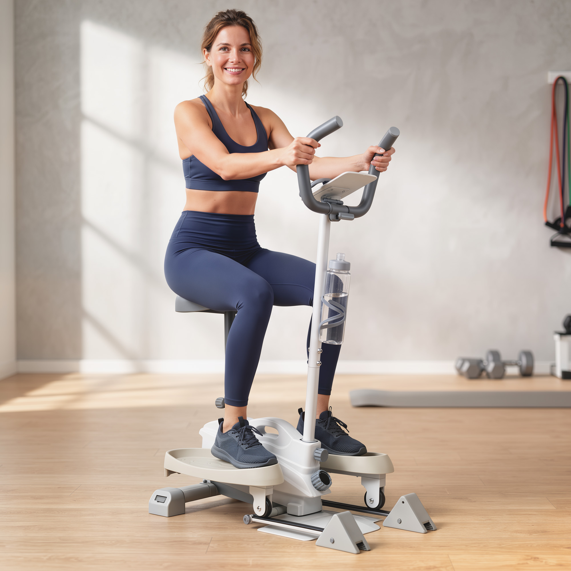 Una mujer sonriente en ropa deportiva azul hace ejercicio en una bicicleta estática gris en una habitación luminosa.