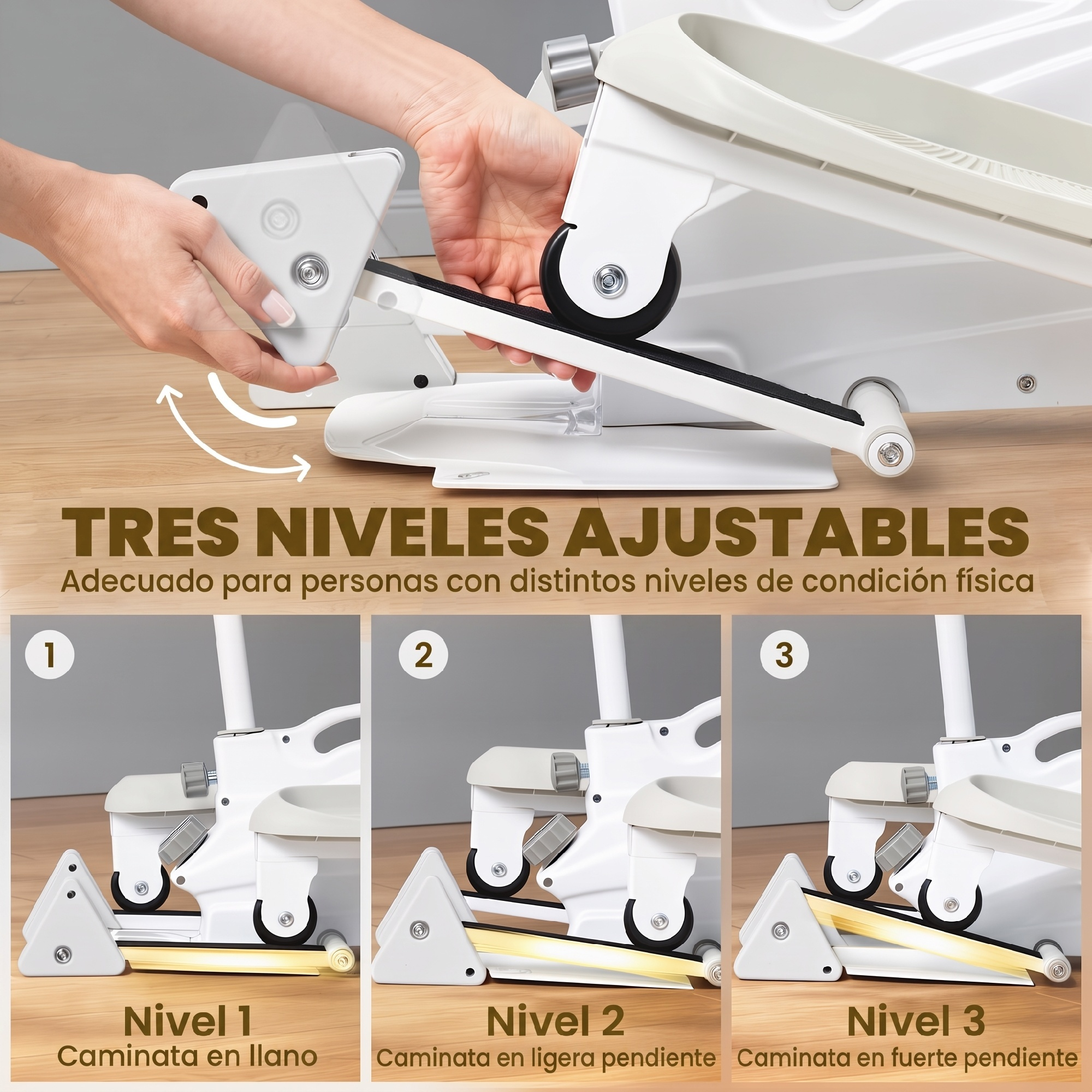 Manos ajustan el ángulo de inclinación de una máquina de fitness con tres niveles diferentes.