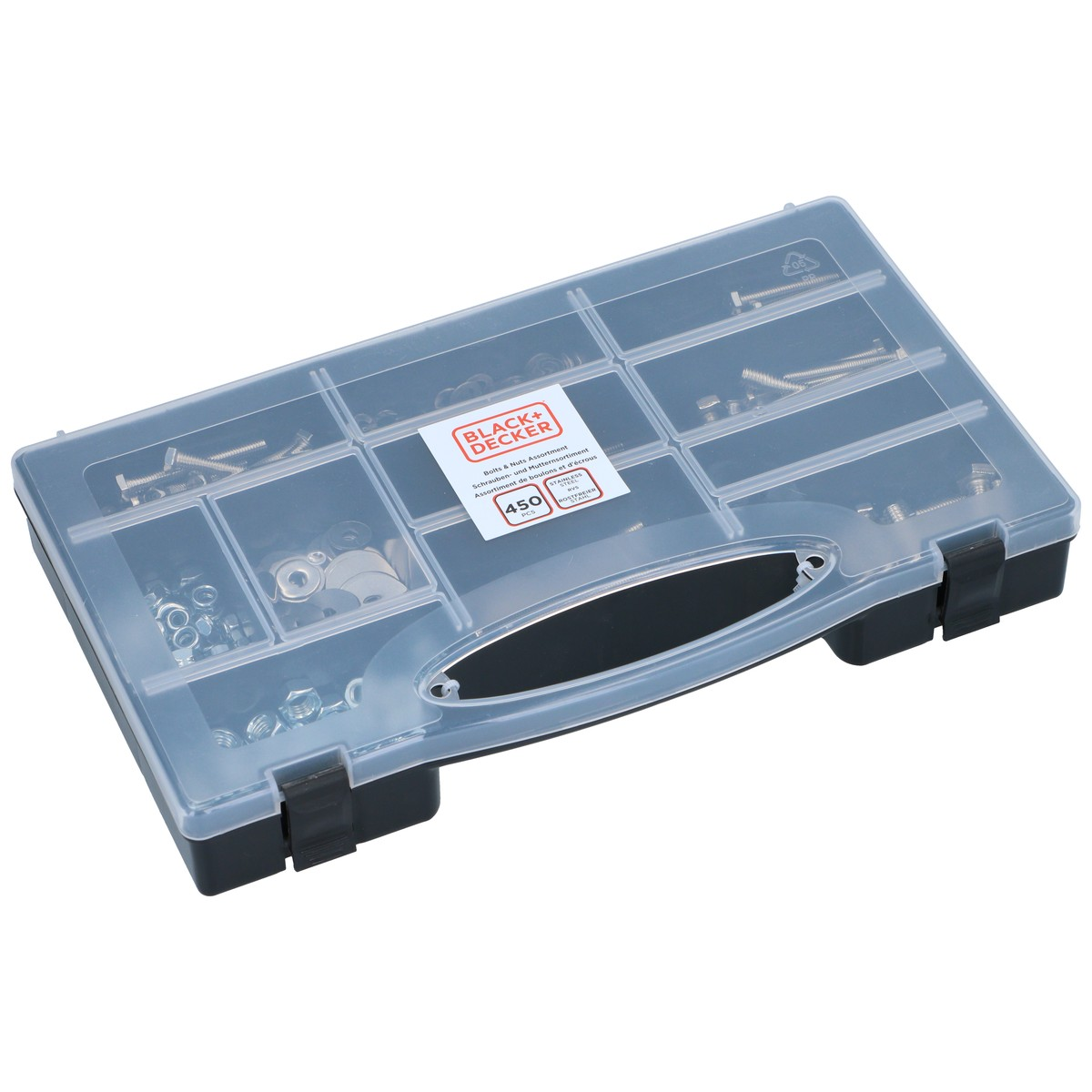 Une boîte de rangement Black+Decker remplie de 450 écrous, boulons et rondelles.