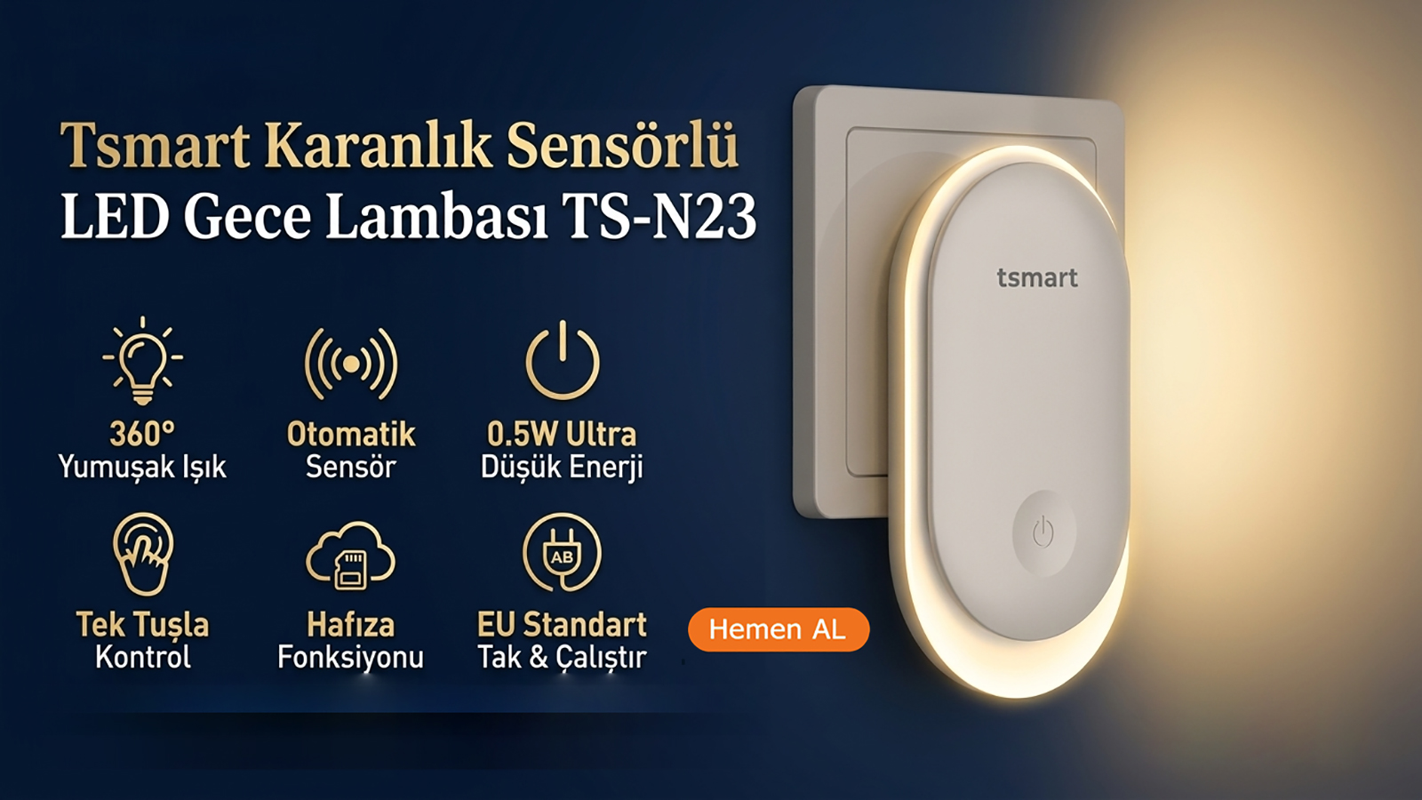 Mavi arka planda sıcak ışık yayan Tsmart LED gece lambası.