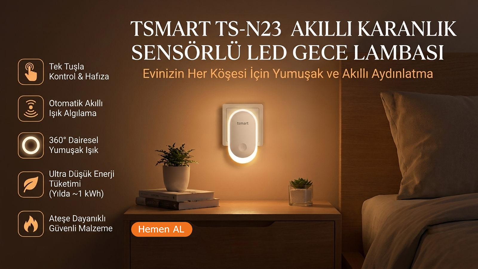 Kitaplar ve küçük bir bitki olan komodinin üzerindeki duvarda akıllı sensörlü LED gece lambası.