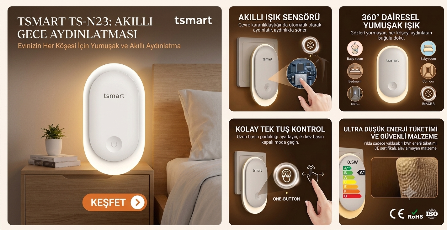 Işık sensörü, tek tuş kontrolü ve enerji tasarrufu özellikli beyaz Tsmart LED gece lambası ürün tanıtım afişi.