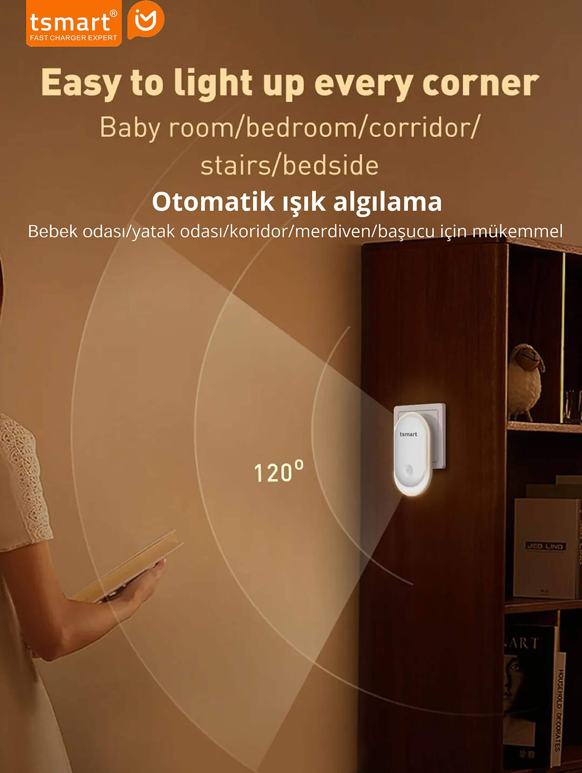 Bir duvarda yanan beyaz tsmart gece lambası, özelliklerini açıklayan metin kaplamalarıyla.