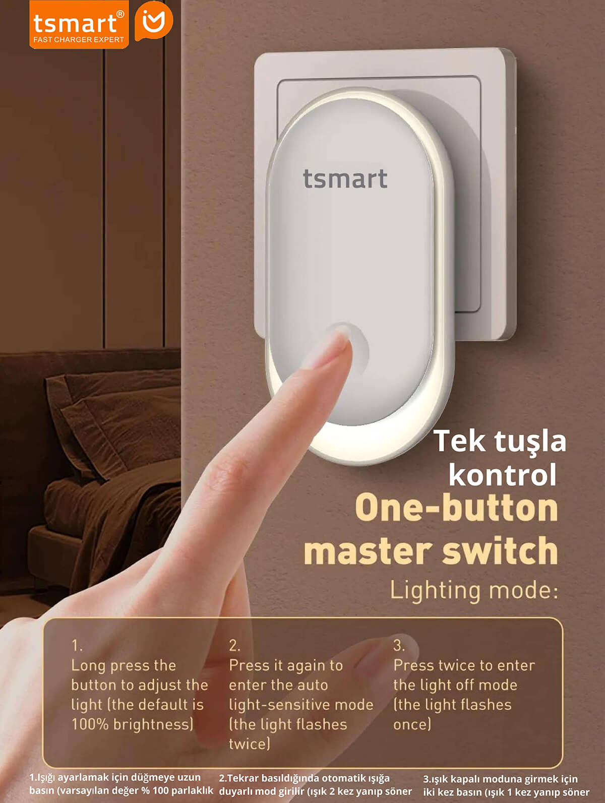 Bir el, oval, prize takılı Tsmart gece lambasının düğmesine basıyor, aydınlatma modları hakkında metin var.