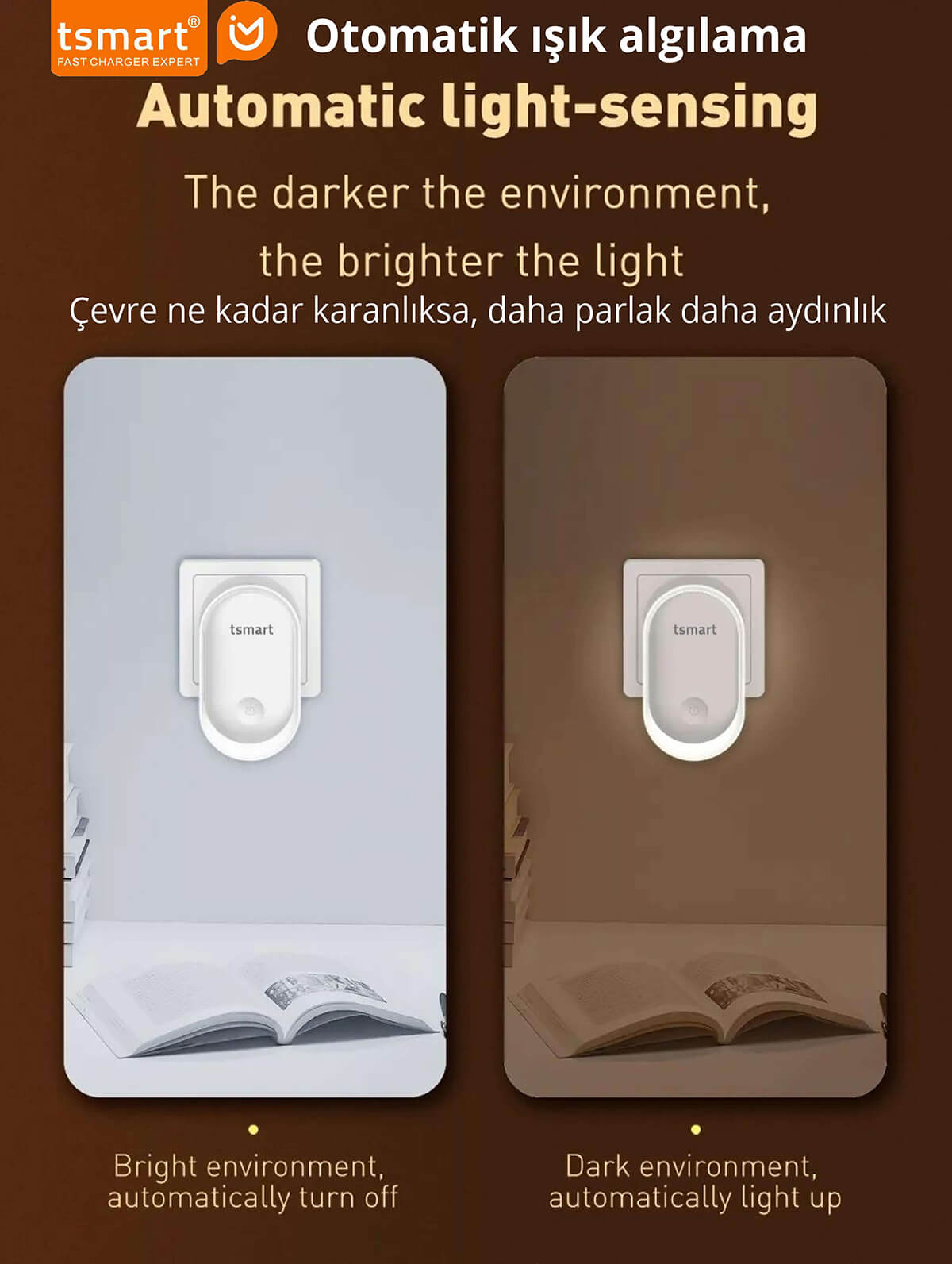 Işık sensörlü gece lambasının açık bir kitabın üzerinde aydınlık ortamda kapalı ve karanlık ortamda açık halinin karşılaştırması.