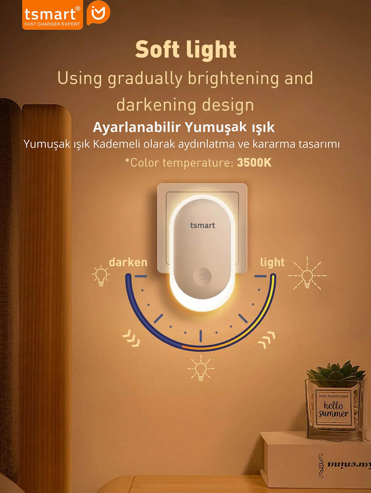 Parlaklık kontrollü yumuşak ışıklı duvar lambası, bir bitkinin yanında duvara monte edilmiş.