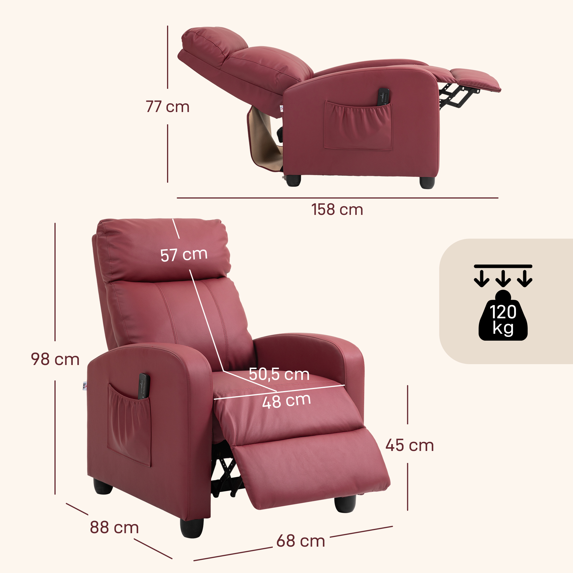 Sillón reclinable de cuero rojo con dimensiones y 120 kg de capacidad.