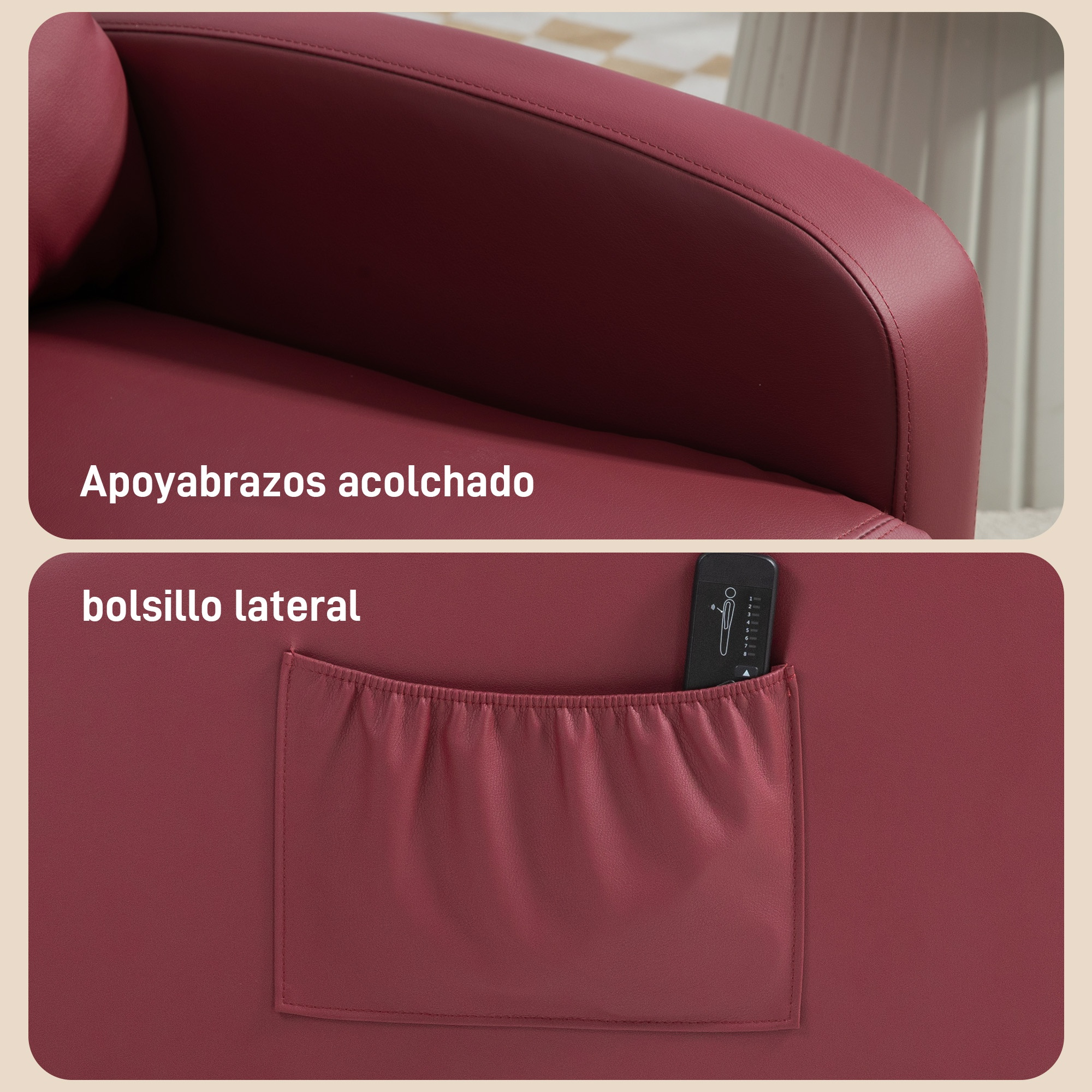 Sillón tapizado en rojo con brazo acolchado y bolsillo lateral con mando.