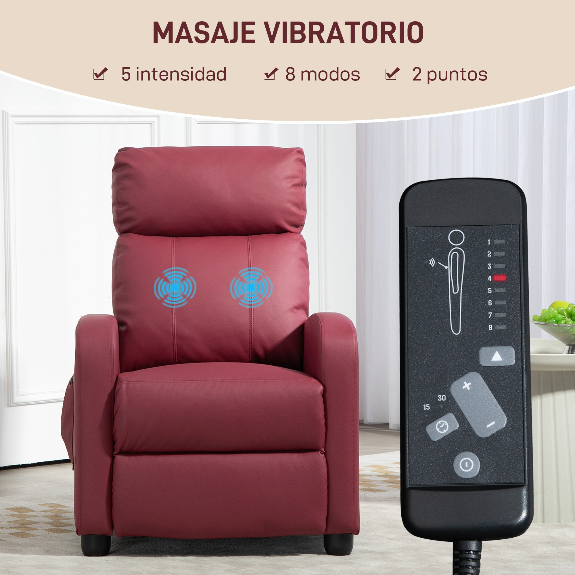 Un sillón de masajes rojo con iconos de vibración azules y un control remoto.