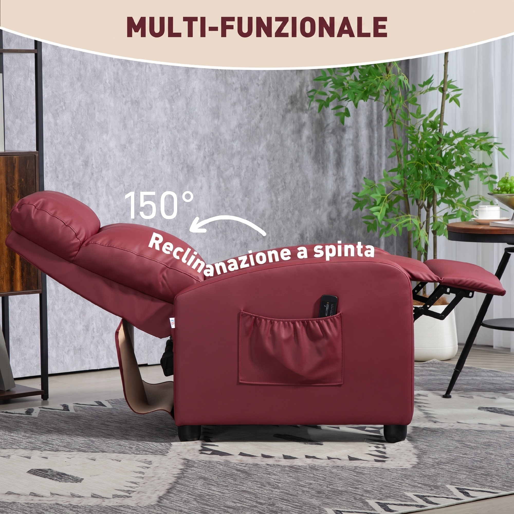 Un sillón reclinable rojo sobre una alfombra con texto de inclinación de 150 grados.