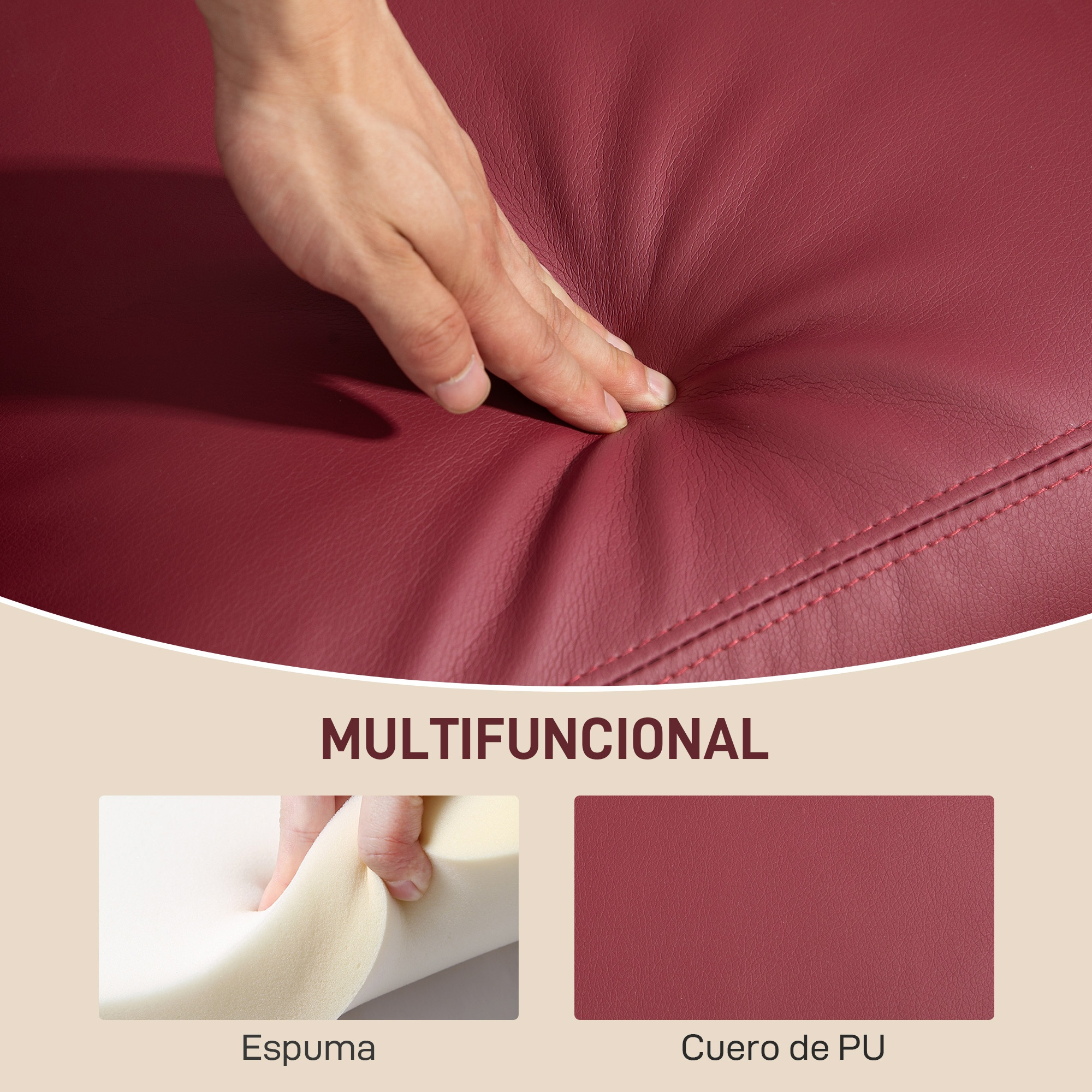 Mano presionando cuero PU rojo suave, con espuma y textura de cuero abajo.