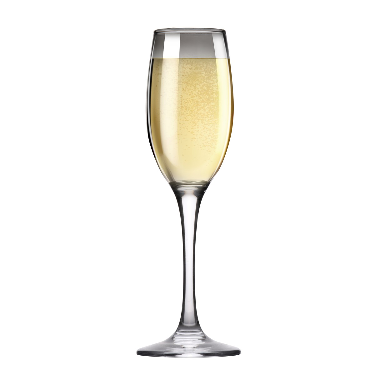 A filled champagne glass with sparkling bubbly wine on a white background.