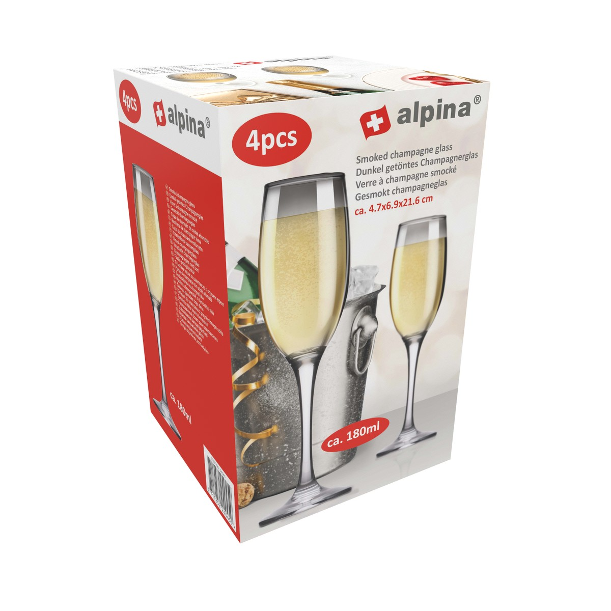 Packaging box for four smoked champagne glasses by Alpina, featuring an ice bucket in the background.