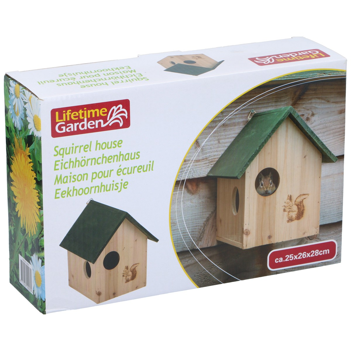 Produktverpackung für ein Eichhörnchenhaus aus Holz mit grünem Dach, mit Eichhörnchen- und Blumenbildern.