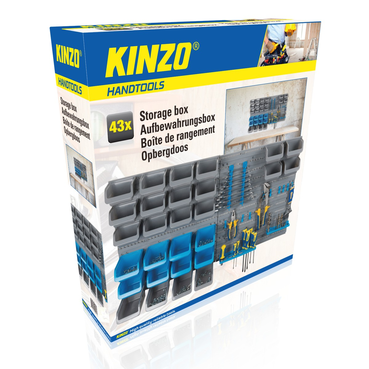 Produktverpackung einer Kinzo 43-teiligen Aufbewahrungsbox mit Wandhalterung und Werkzeugen.