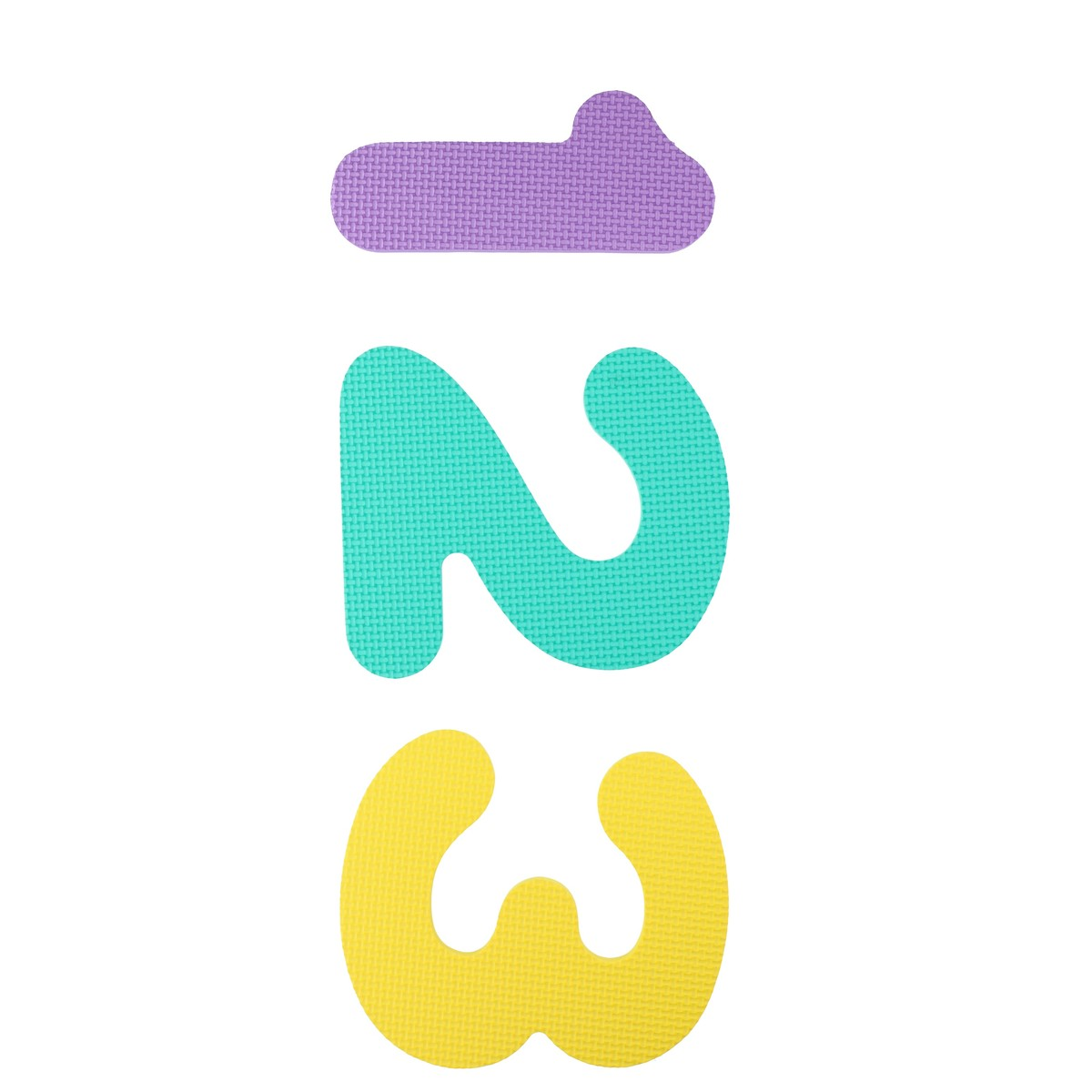 Foam numbers one in purple, two in turquoise, and three in yellow are vertically aligned on a white background.
