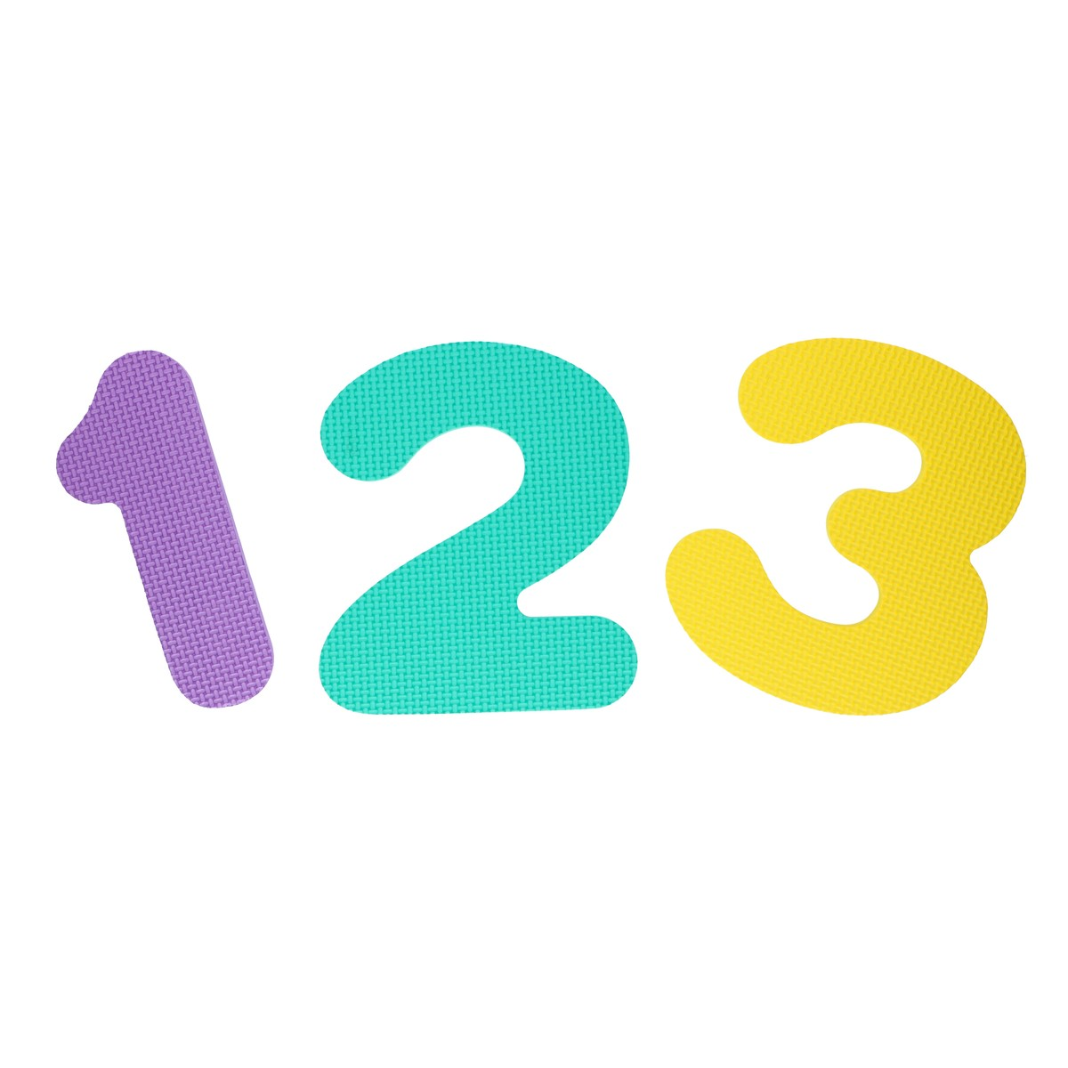 Three foam numbers: purple 1, teal 2, and yellow 3 on a white background.