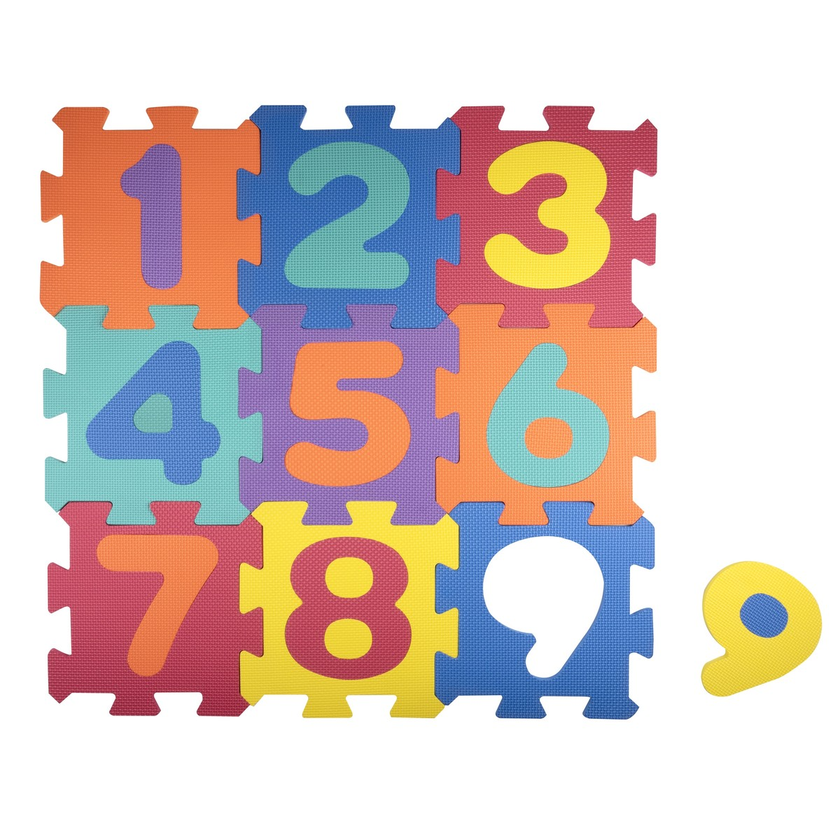 Colorful interlocking foam tiles forming a 3x3 grid with numbers 1 through 8, and number 9 is detached.