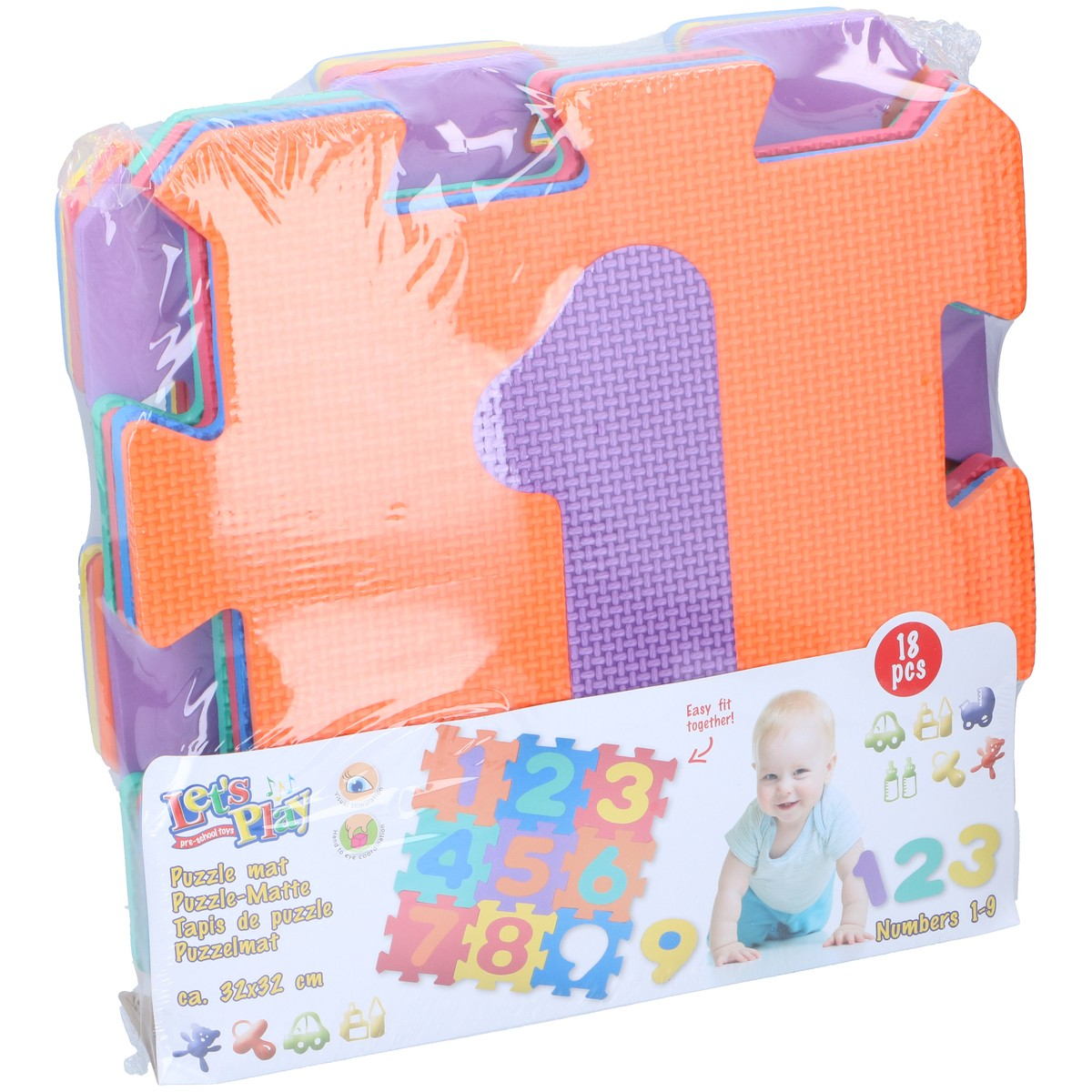 Wrapped colorful foam puzzle mats featuring numbers 1 to 9 for children.