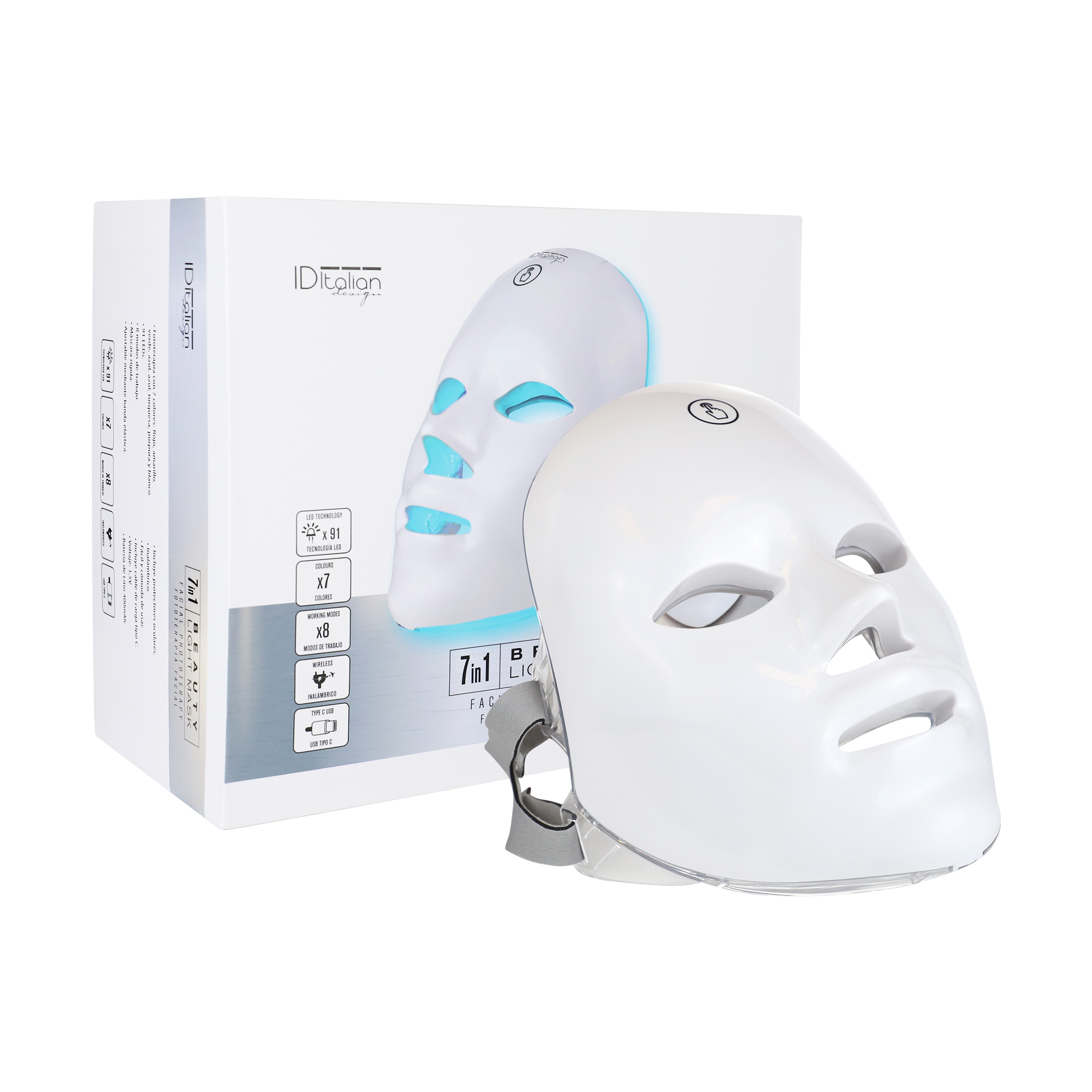 Una mascarilla facial LED blanca frente a su caja de producto con detalles de la mascarilla facial 7in1.