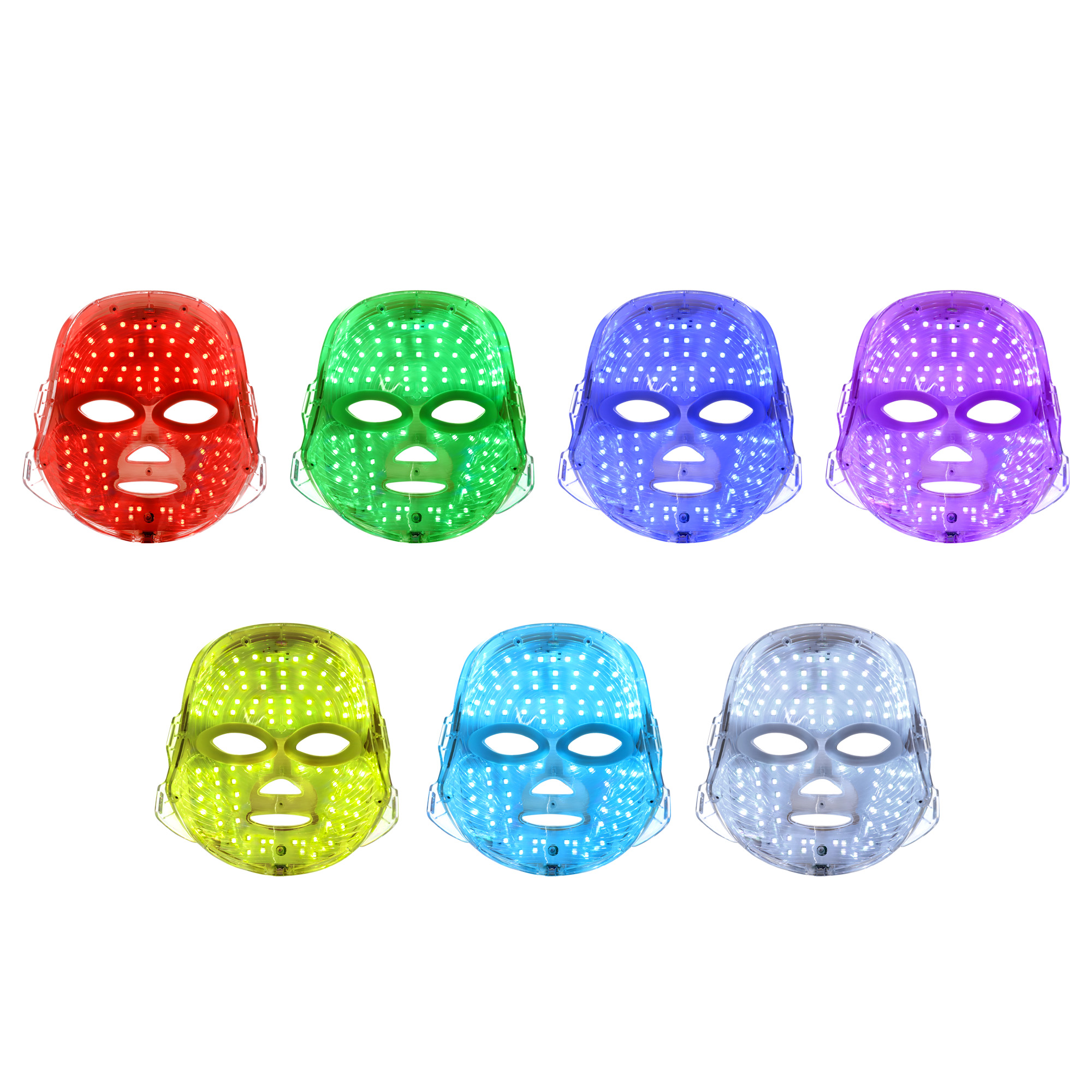 Siete máscaras faciales LED de colores dispuestas sobre un fondo blanco.