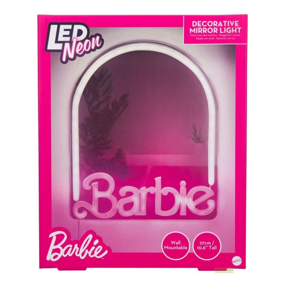 Caja de luz de espejo decorativa de neón LED Barbie rosa con tubo de neón arqueado blanco y logotipo.
